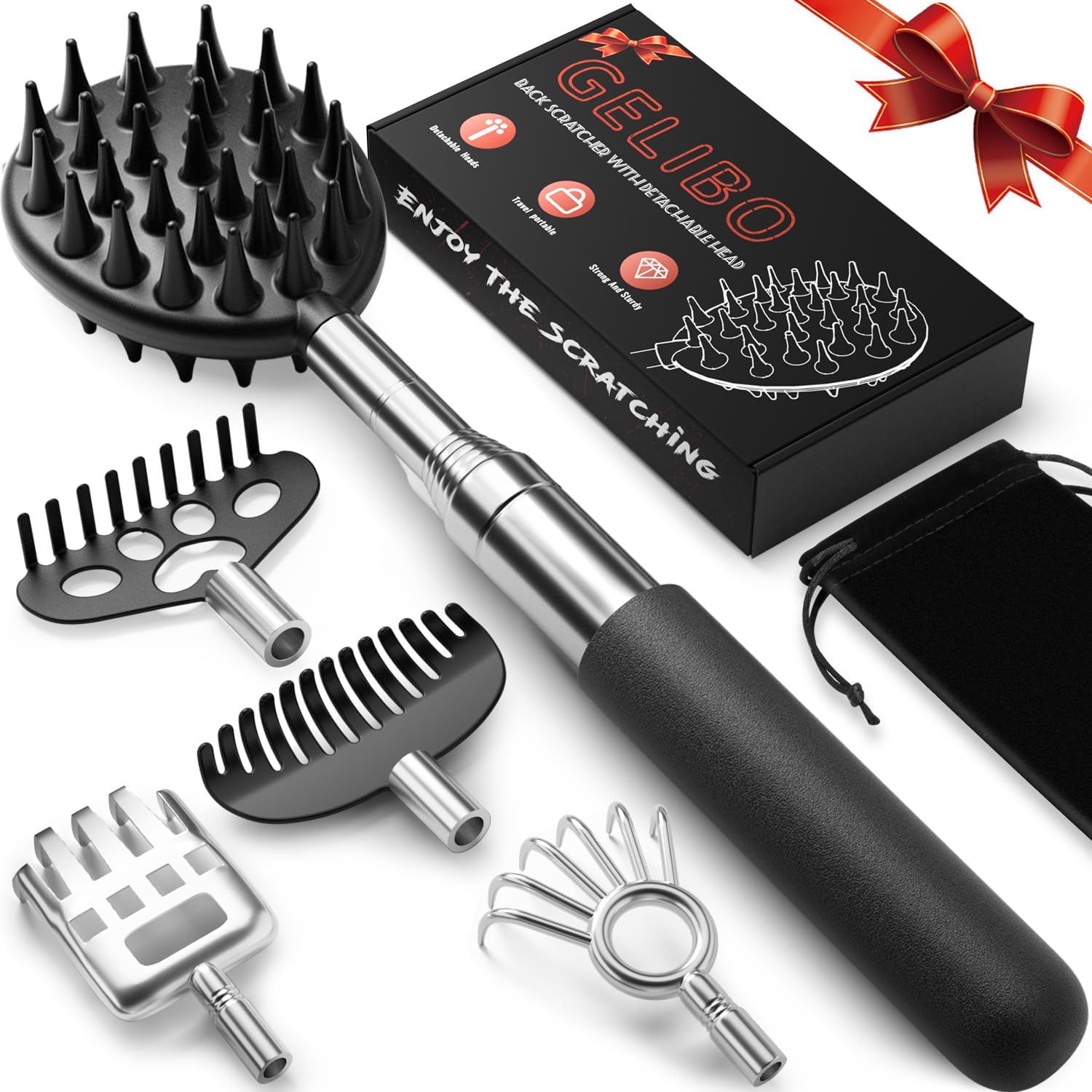 Photo 1 of Gelibo Telescoping Large Back Scratcher with 5 Detachable Heads,Rubber Handles Gifts for Him, Gifts for Men, Extendable Back Massager Tool with Beautiful Box