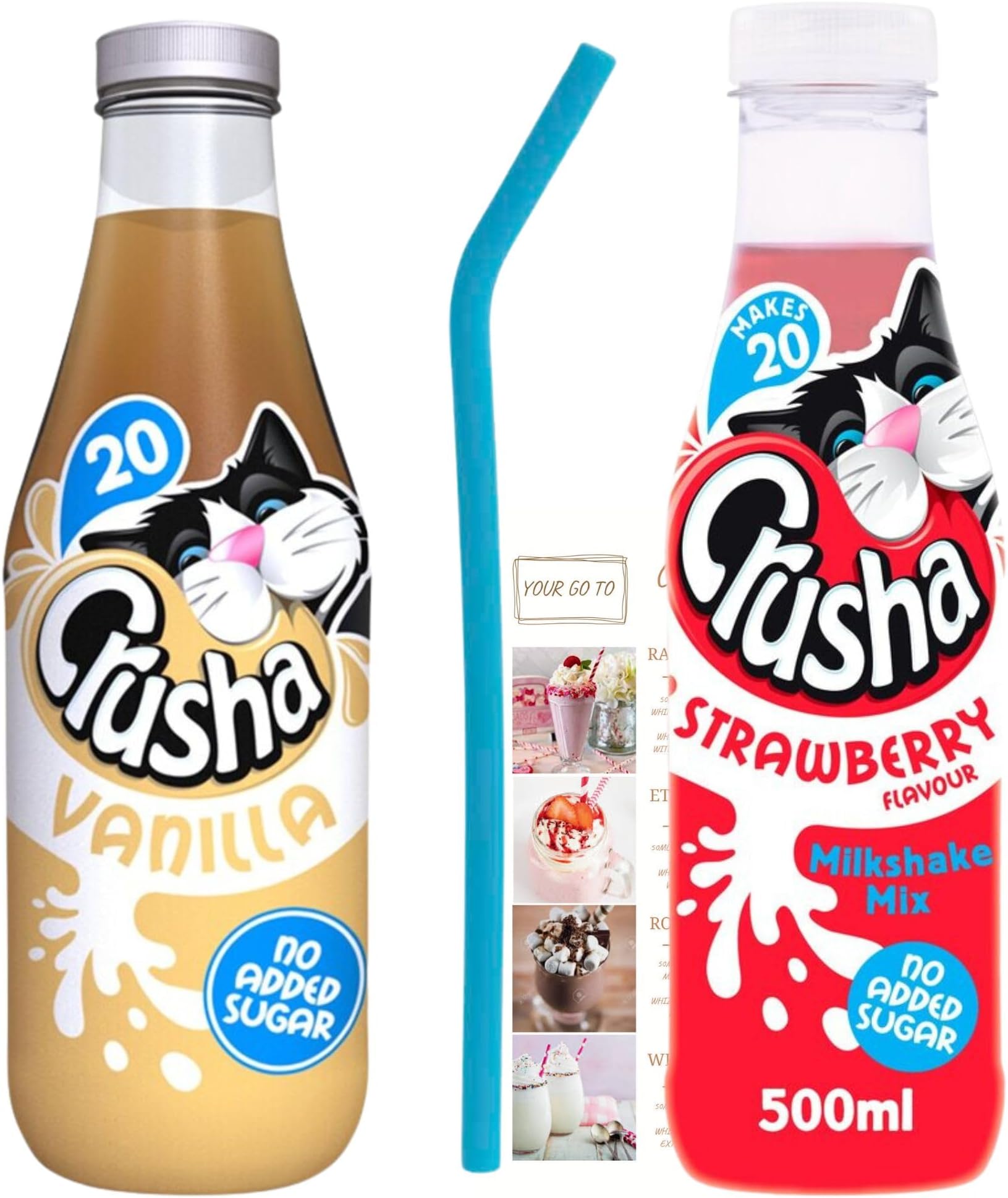 Milkshake Mix Bundle with 1x Crusha Vanilla 500ml, 1x Crusha Strawberry 500ml, 1x Reusable Silicone Straw and 1x Wonder Bundles Milkshake Recipe Leaflet