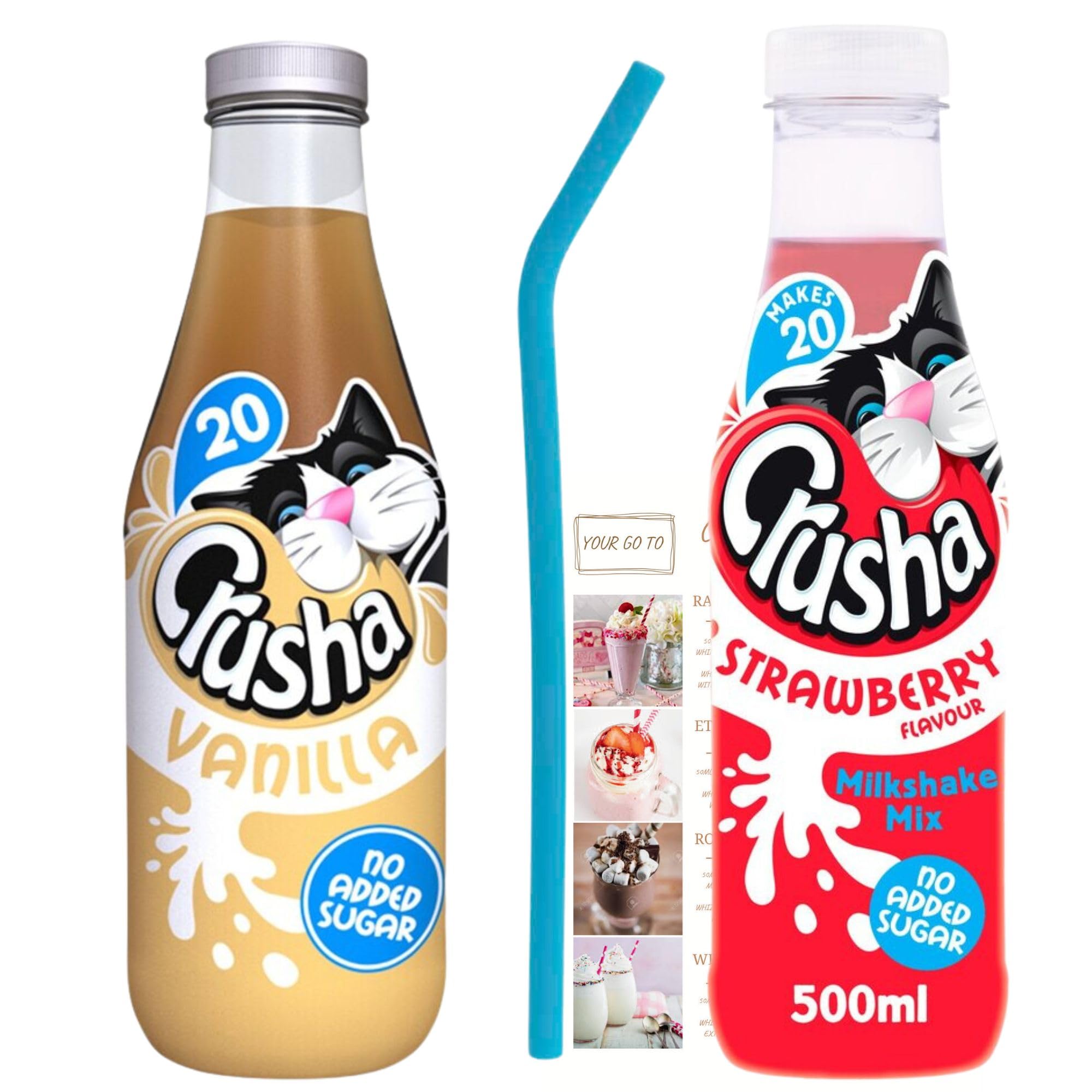 Milkshake Mix Bundle with 1x Crusha Vanilla 500ml, 1x Crusha Strawberry 500ml, 1x Reusable Silicone Straw and 1x Wonder Bundles Milkshake Recipe Leaflet