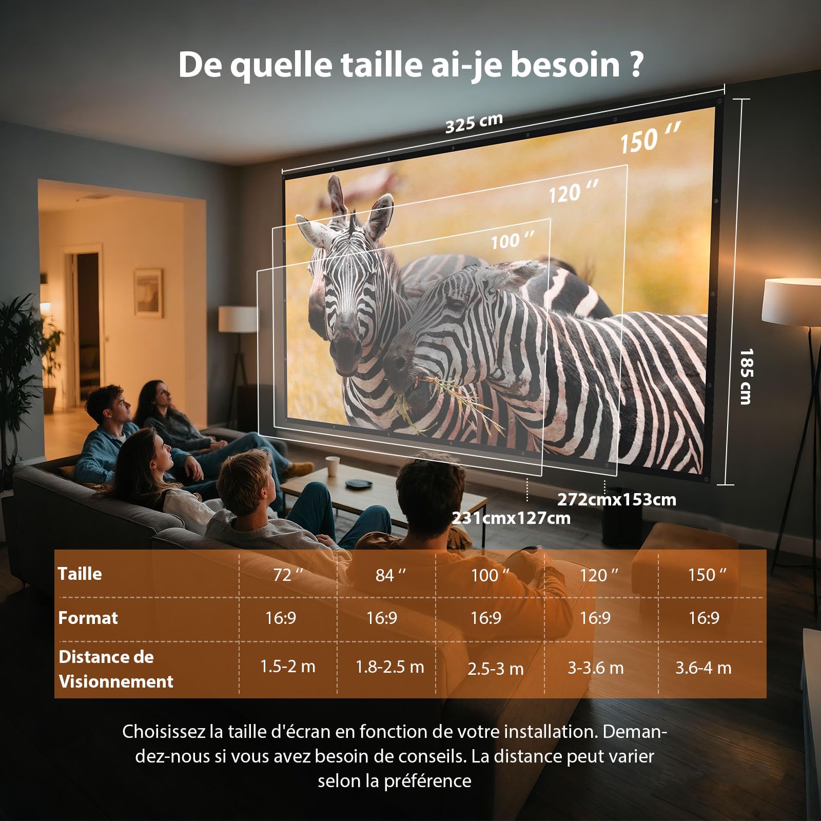 Écran de projection 120 pouces pour extérieur : VOOPVOR Écran de projection pliable et portable avec sac de transport - 16:9 Noir, opaque à la lumière, lavable et anti-plis - Idéal pour le cinéma à