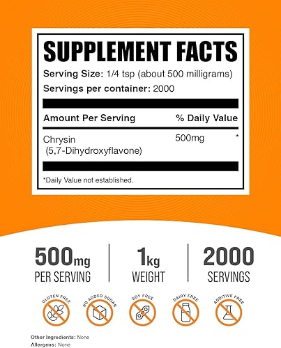 Miniatura 7 de BULKSUPPLEMENTS.COM Polvo de crisina - 5,7-dihidroxiflavona, suplemento de crisina, crisina 500 mg - Suplemento antioxidante, sin gluten, 500 mg por