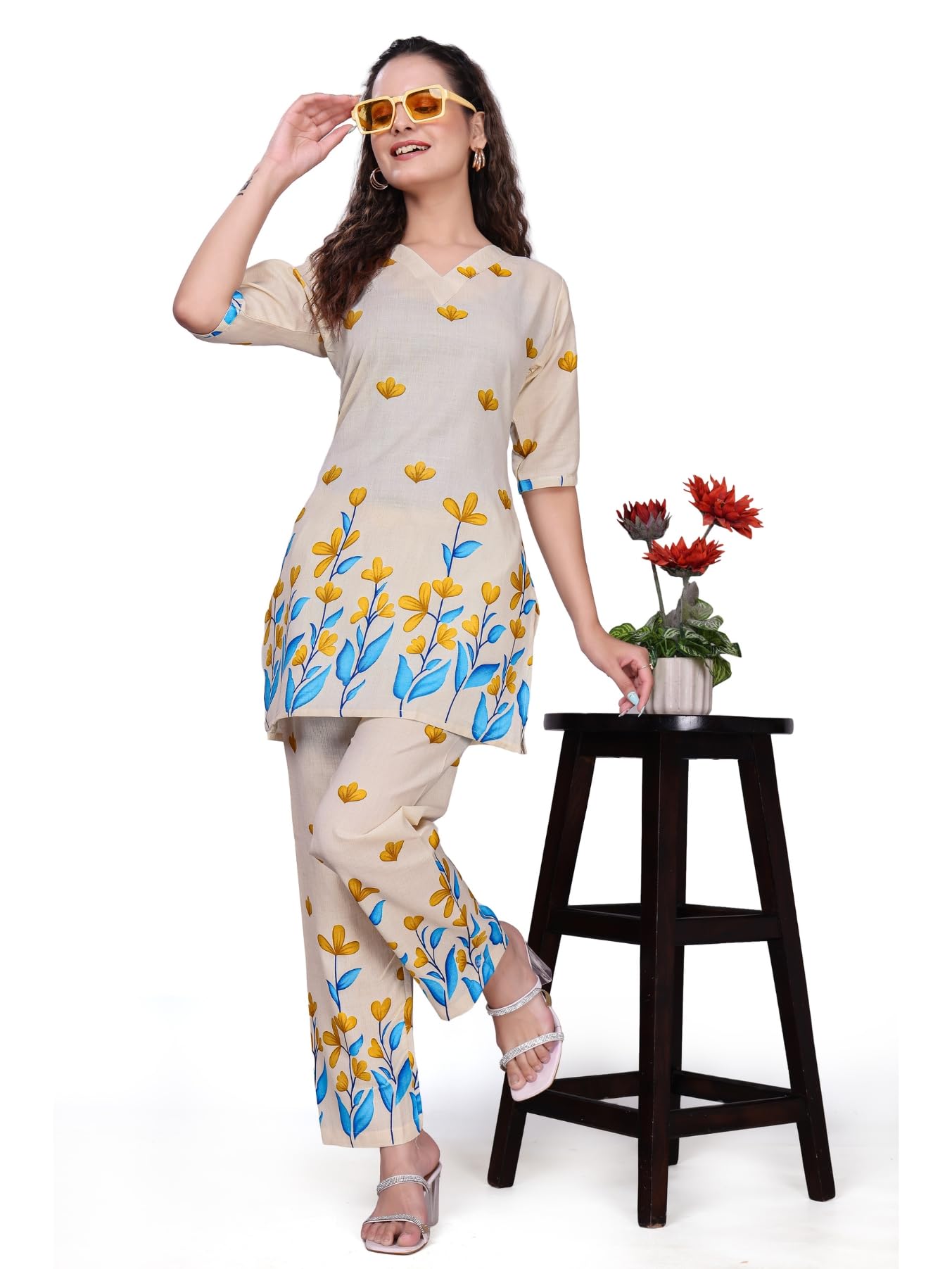 hialto Stylish Women Co Ord Set Cream Floral Two Piece with Top and Full Length Pant Premium Cotton for Daily-picture-11