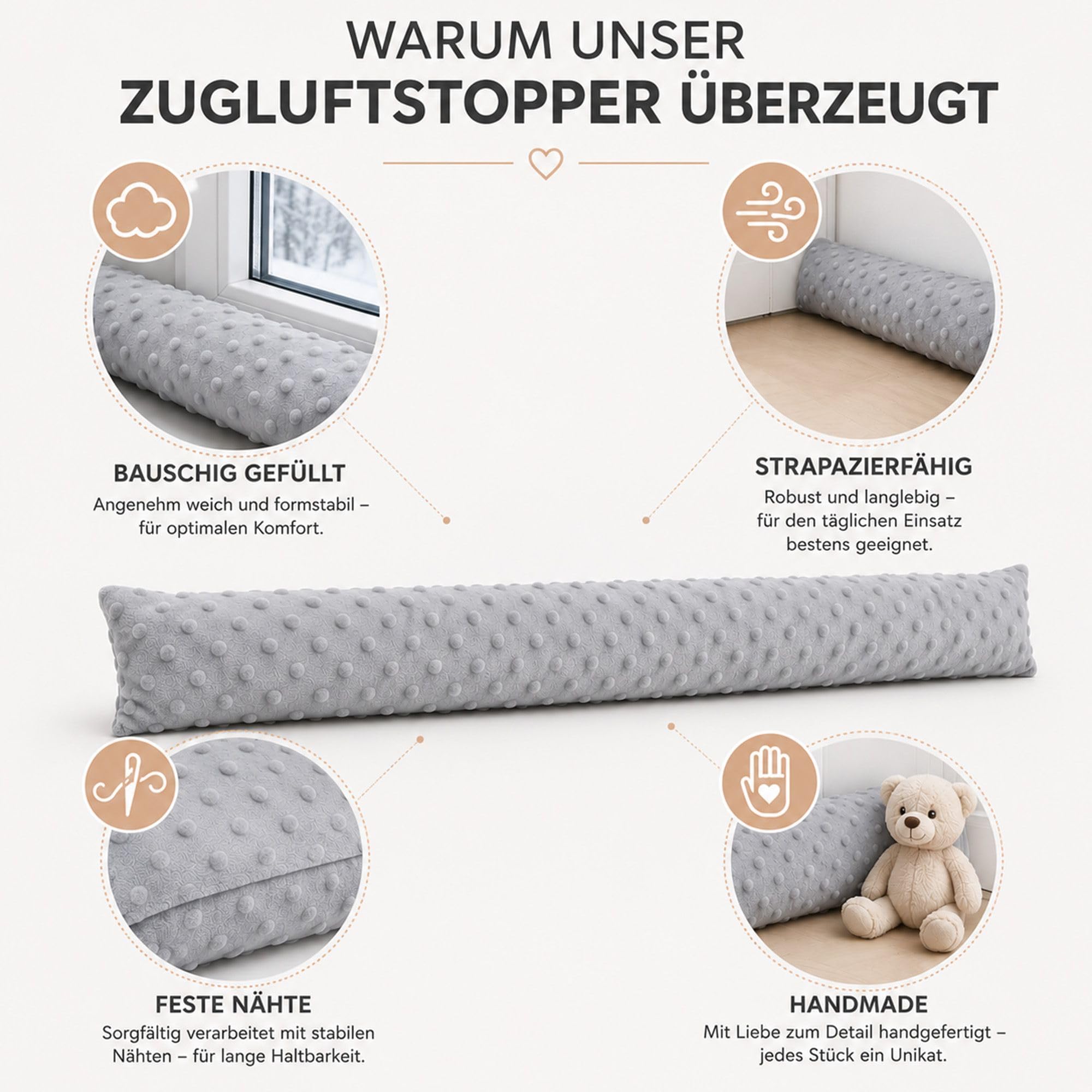 Paraspifferi porta isolante 150 cm - Salsicciotto sottoporta e finestra antivento decorativo Ideale per ingresso casa finestre e cuscino per cameretta bambini Oeko-Tex Beige