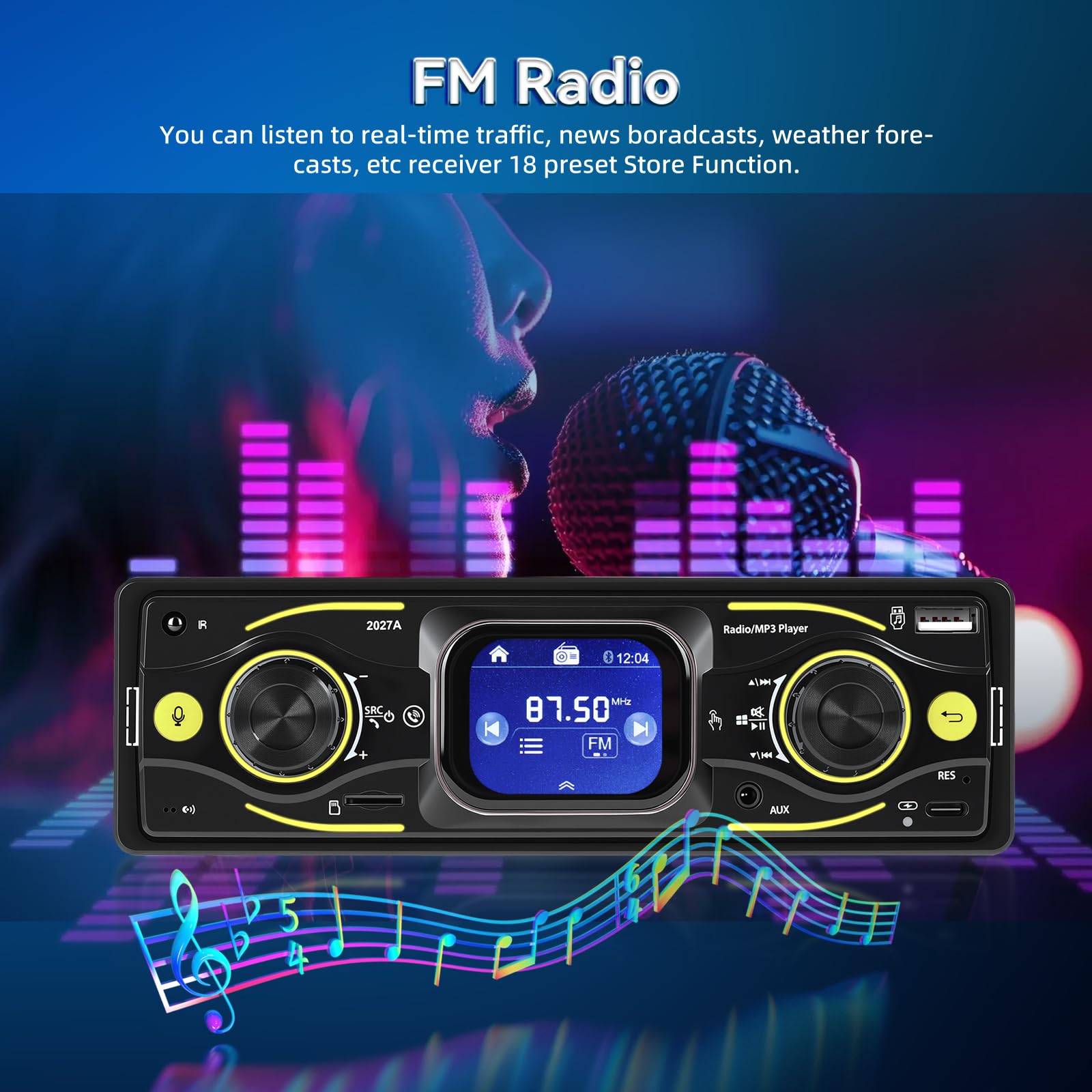 NHOPEEW Radio samochodowe 1 DIN z Bluetooth i ekranem dotykowym: odtwarzacz MP3 z FM, korektor, zestaw głośnomówiący, wejście USB/SD/AUX, ładowanie typu C, złącze ISO i kolorowe światła LED