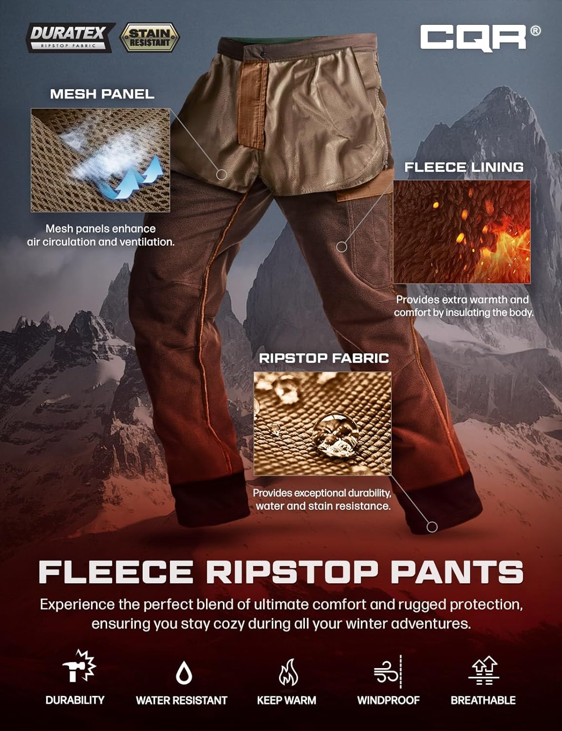 CQR Men's Winter Tactical Cargo Pants, Thermal Fleece Lined Outdoor Snow Ski Hiking Work - Image 6