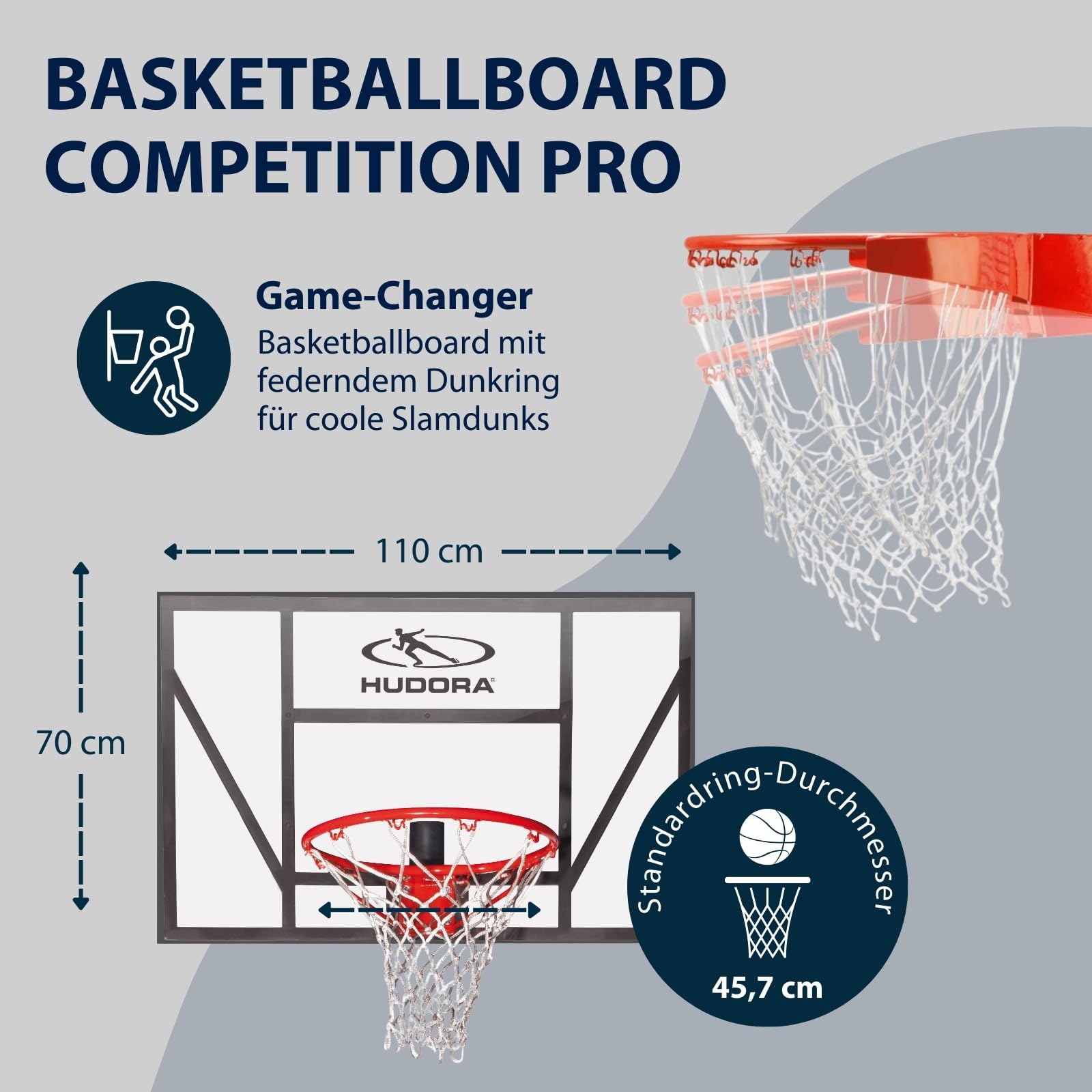 HUDORA Basketball Board Competition Pro - Basketballkorb mit federndem Dunkring zur Wandmontage, transparente Rückwand für Garten