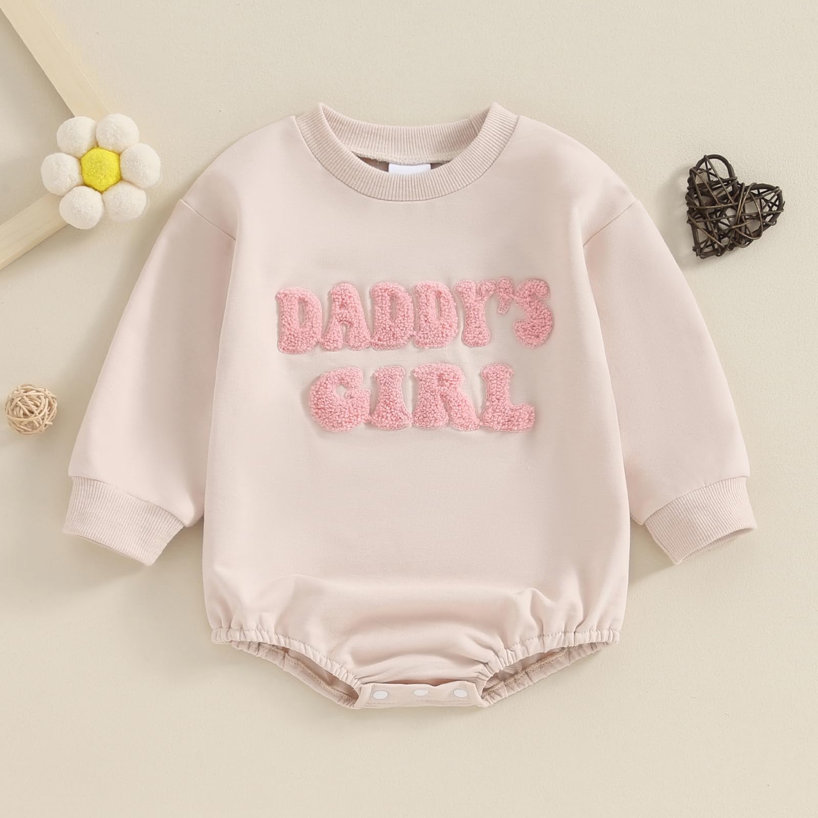 Multitrust Toddler Baby Girl Clothes Embroidery Daddy's Girl Sweatshirt Romper Oversized Bodysuit Onesie Baby Girls Outfit (Khaki, 0-3 Months)