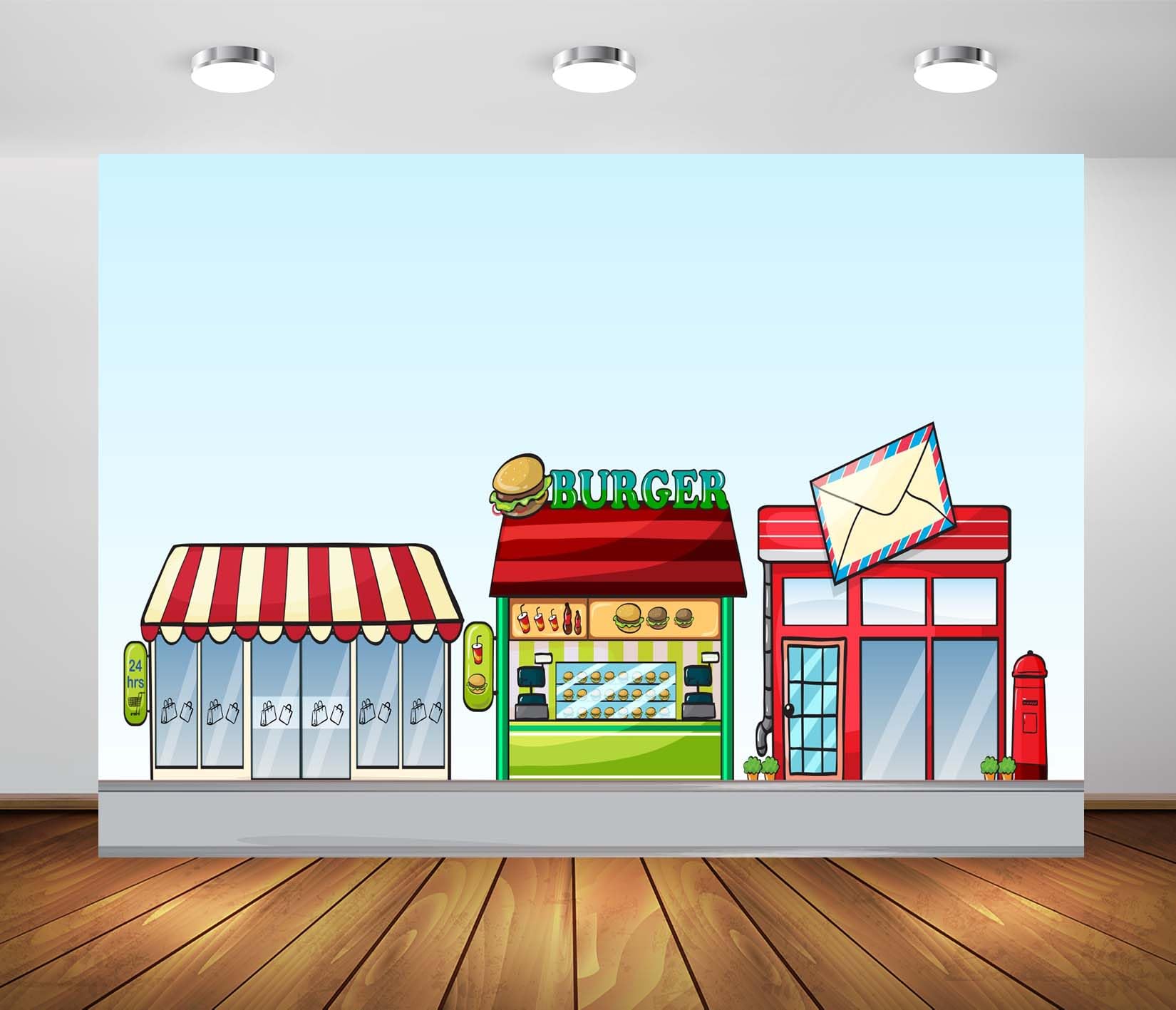 BELECO 3.6x3m Telo sfondo negozi strada cartone animato | Negozio convenienza urbano hamburgeria ufficio postale sfondo decorazione compleanno bimbi banner studio foto