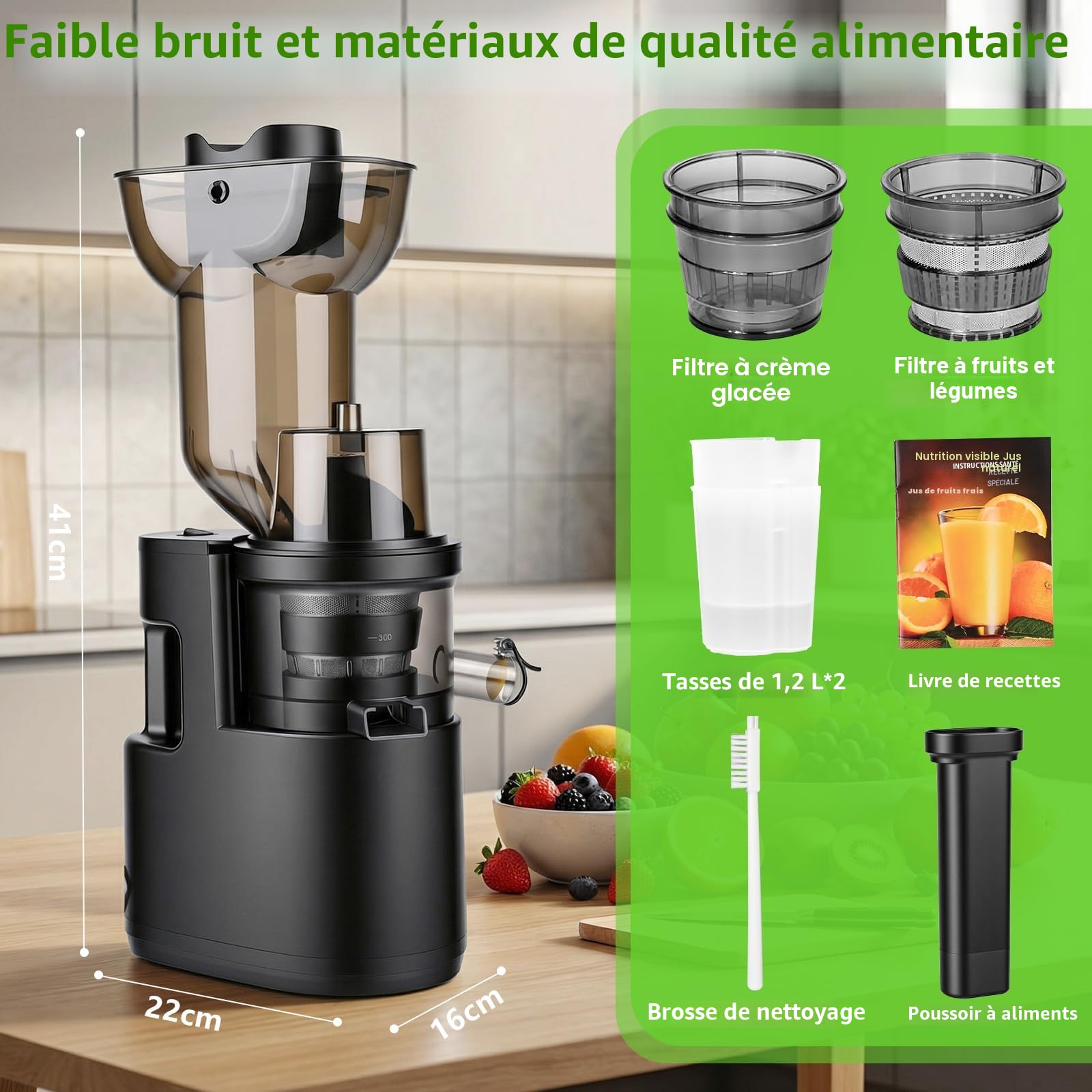 Extracteur de jus 500W, 98mm, Fonction Inverse, 2 Récipients, Sans BPA
