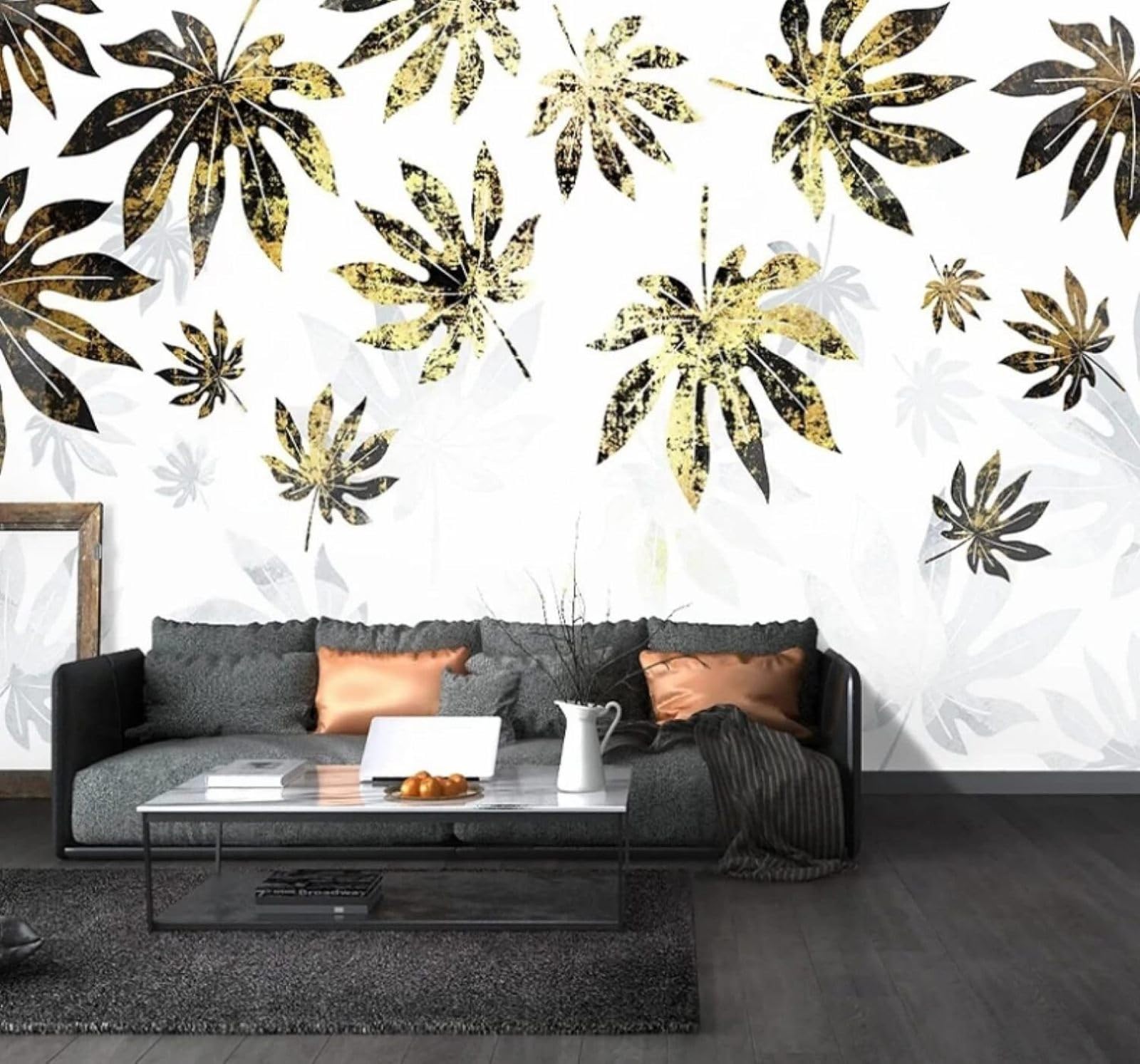 Xlming 430Cm×300Cm(B×H) Minimalist Three Dimensional Retro Hand Drawn Golden Leaves 3D Wallpaper Luxury Home Dining Decor Paste Sofa Living Room The Wall For Bedroom Mural-430Cm×300Cm