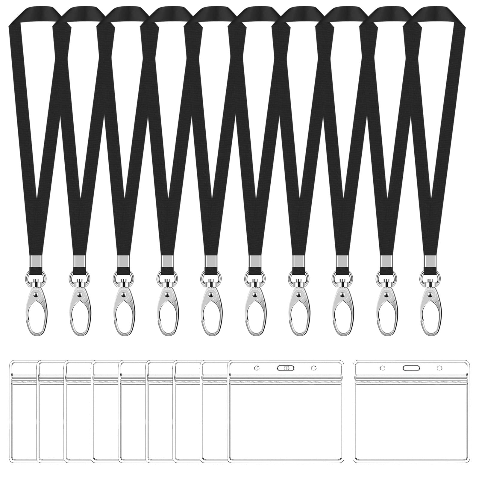 10 Sets of ID Card Holder with Lanyard, Waterproof Clear ID Card Holder and Nylon Neck Strap with Swivel Hook, Card Case with Lanyard, ID Holder for School, Exhibition, Office (Black, Horizontal)