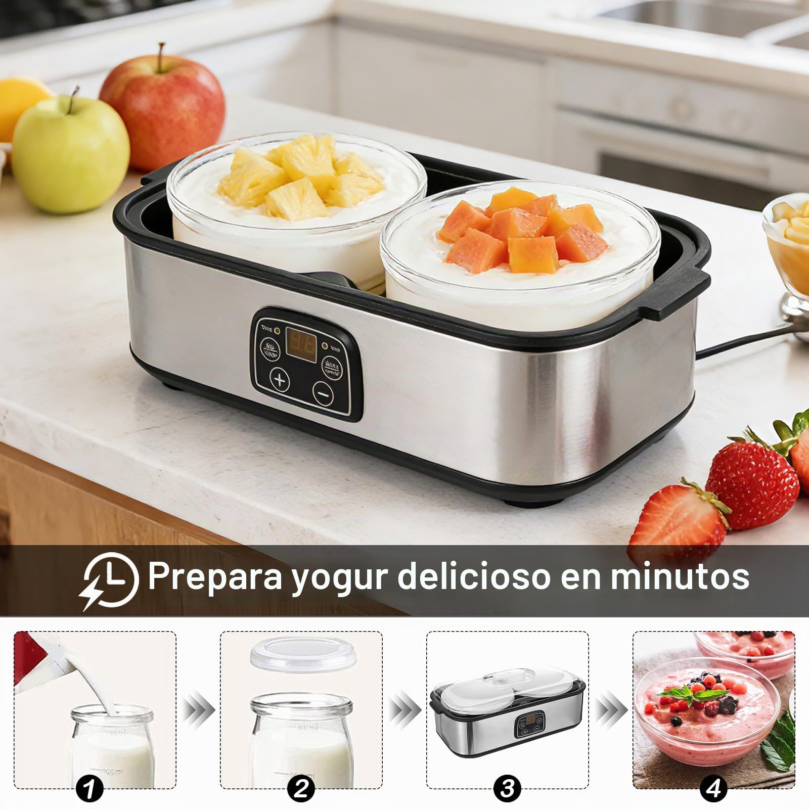 Yogurtera Digital 2 L, Máquina para Hacer Yogur con Tarros, Temperatura Constante de 20-55 °C, Yogurtera Automática para Yogur Casero, Queso y Natto en Casa (2 × 960 ml Tarros)