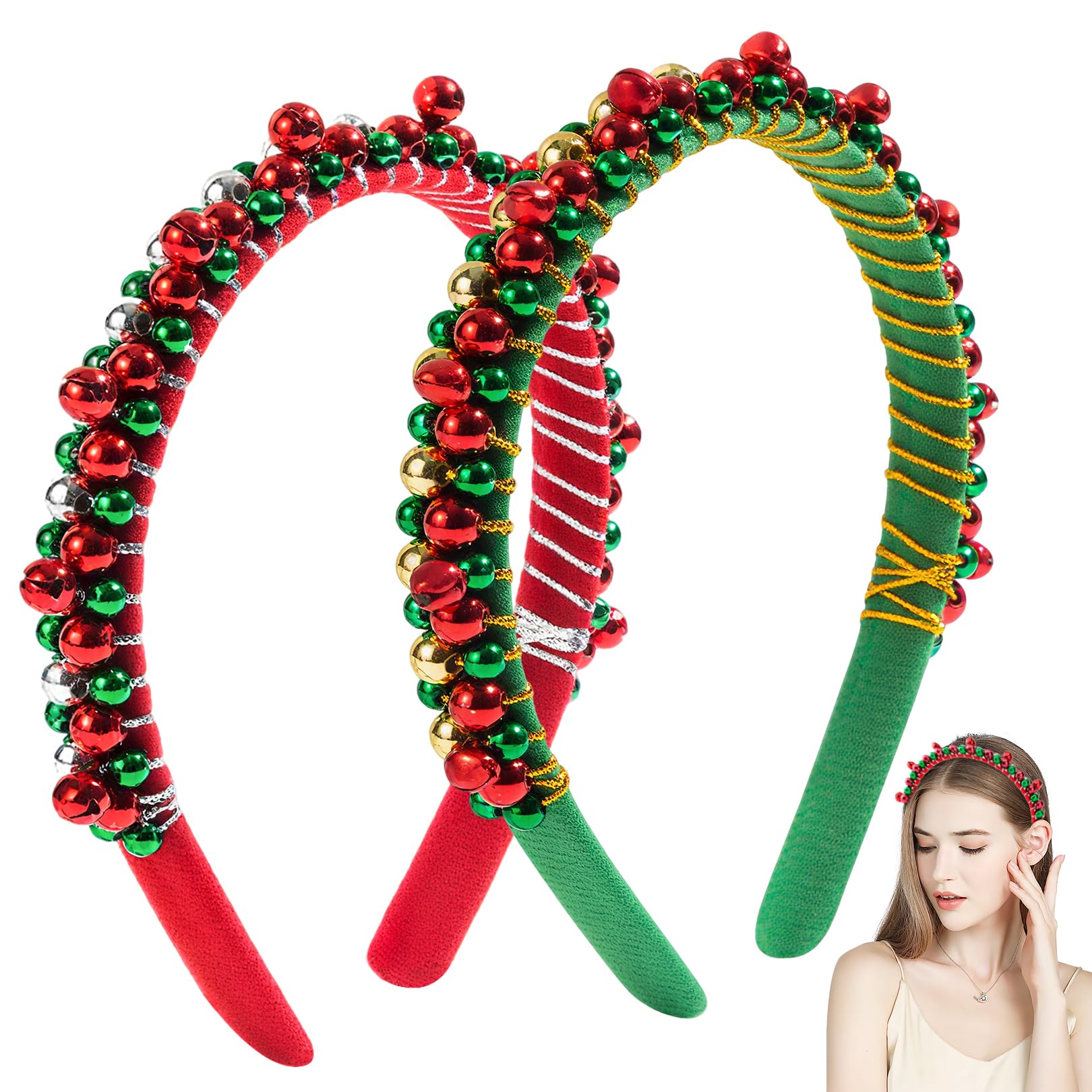 Serre Tête Noël, Serre Tete Noel Lot de 2 avec Clochettes - Bandeaux Festifs pour Femme, Adulte et Enfant - Accessoire pour Noë Fête, Mariage & Événements(Rouge et Vert)