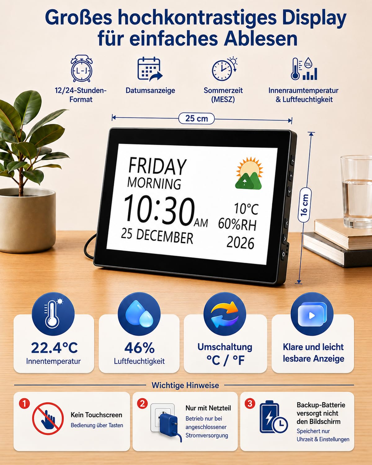 ROCAM 10,1" Demenz Uhr für Senioren, Digitaler Wecker mit Kalender | 20 Alarmen und Erinnerungen, Großes IPS Display, Datum, Wochentag, Temperatur, Luftfeuchtigkeit, Foto-Diashow über USB/SD