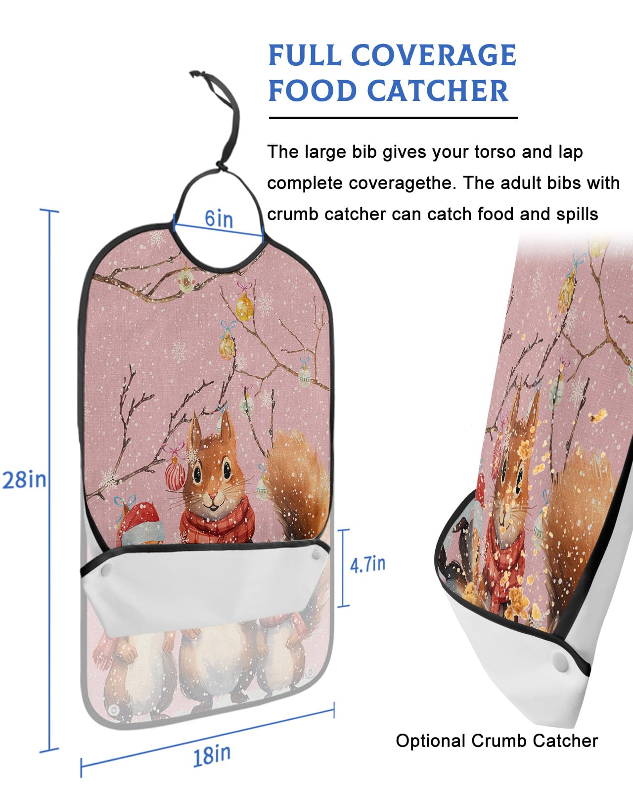Animal Squirrels Adult Bib for Adults Men, Women, Washable & Adjustable Terry Cloth Bib with Crumb Catcher Reusable Waterproof Clothing Clothes Protector Apron Christmas Blush Pink Snowflake