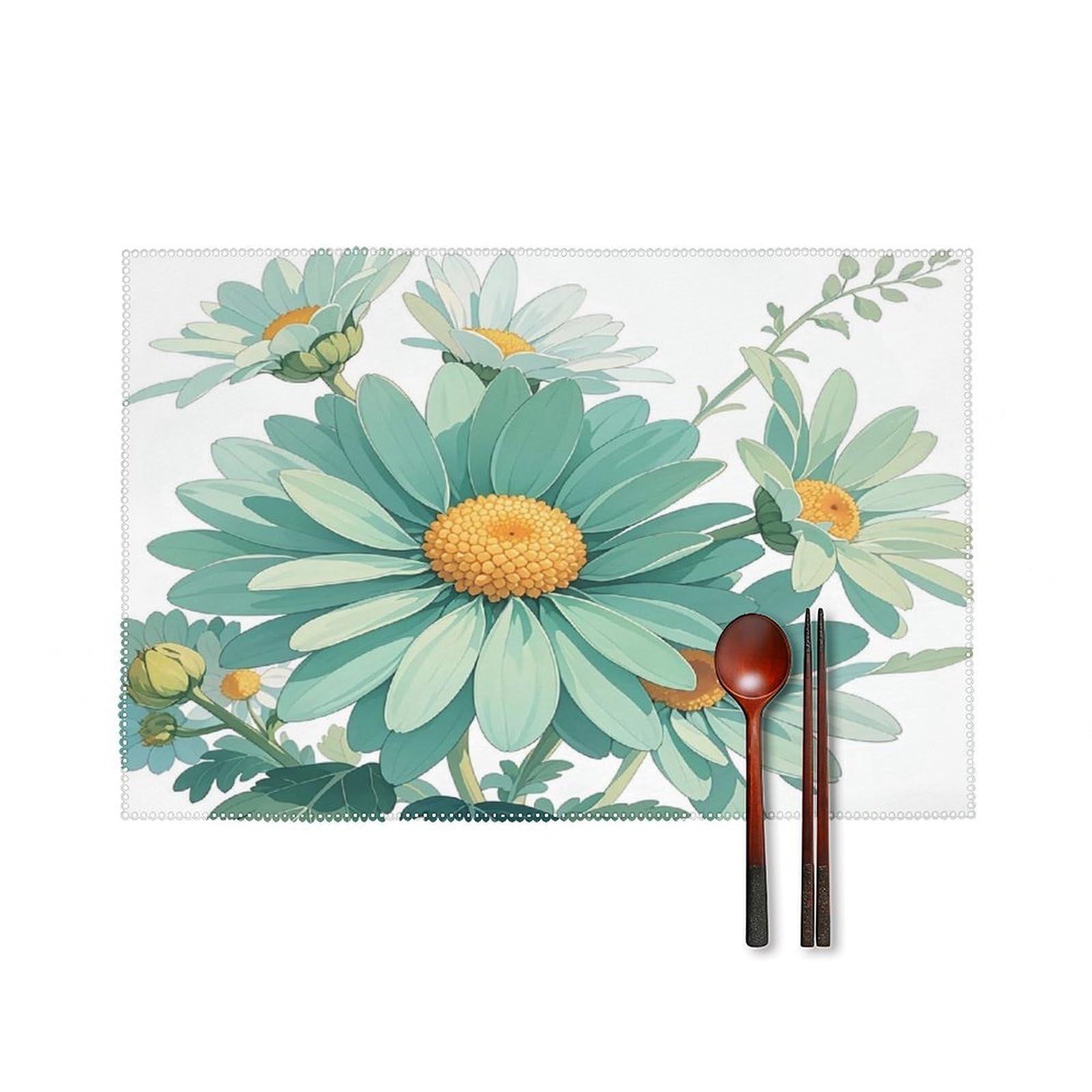 Mint Green Watercolor Daisy Placemats Set of 6 Heat Resistant Non-Slip Place Mats Washable Wipeable Table Mats Elegant Farmhouse Placemat for Kitchen Dining Outdoor Party Table Decor