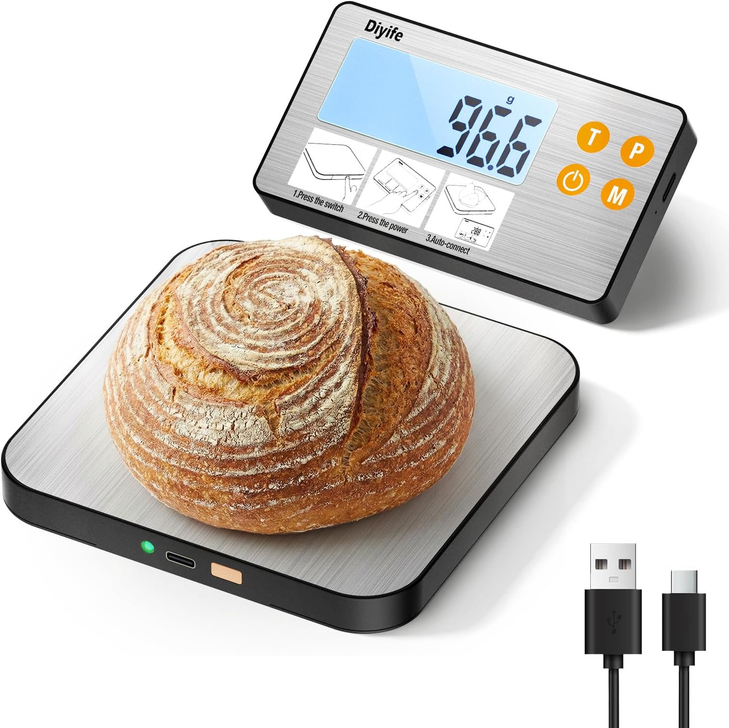 Rechargeable Split Food Scale, Diyife 33lb Digital Kitchen Scales with Split Display, 1g/0.1oz High Accurate, Food-Grade 304 Stainless Steel, 7 Units, Backlit LCD, for Cooking, Baking, Meal Prep