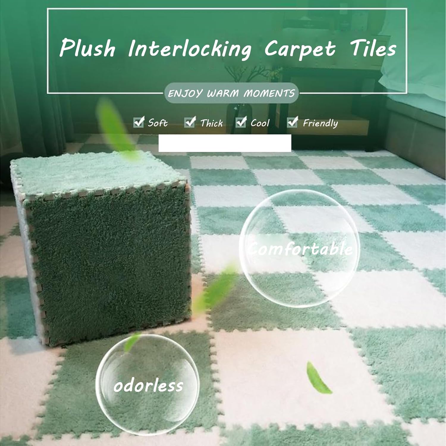 Carpet Squares, Plush Foam Floor Mat, Fluffy Interlocking Carpet Tiles, Square Play Mat Floor Tiles, Climbing Area Rugs for Playroom(White)