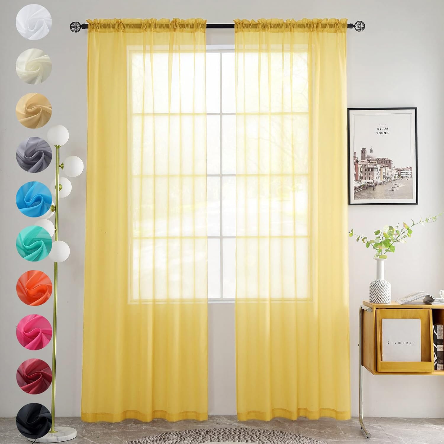 youleyar Solid Sheer Rod Pocket Curtain Voile Draperies 2 Panels White Beige Black Grey Coffee 52 Inch Width 54 Inch Long 1 Pair for Kitchen Bedroom Children Living Room Yard (Gold,52Wｘ54L)