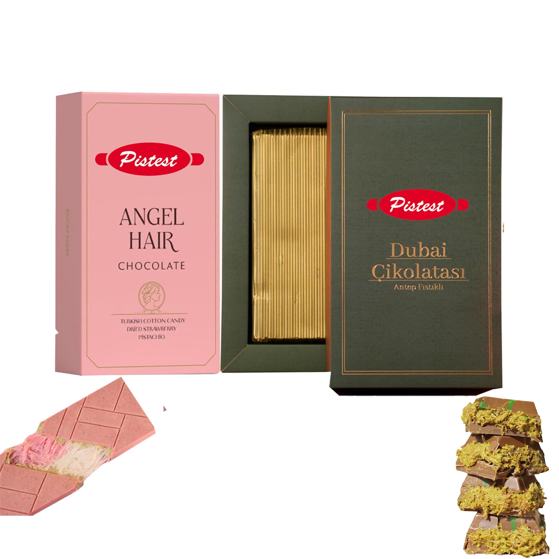 Angel Hair & Dubai Chocolate Gift Box – Kunafa Pistachio 200g + Chocolate Cotton Candy Bar 170g – Assorted Strawberry & Pistachio Treats – Perfect for Holidays & Celebrations