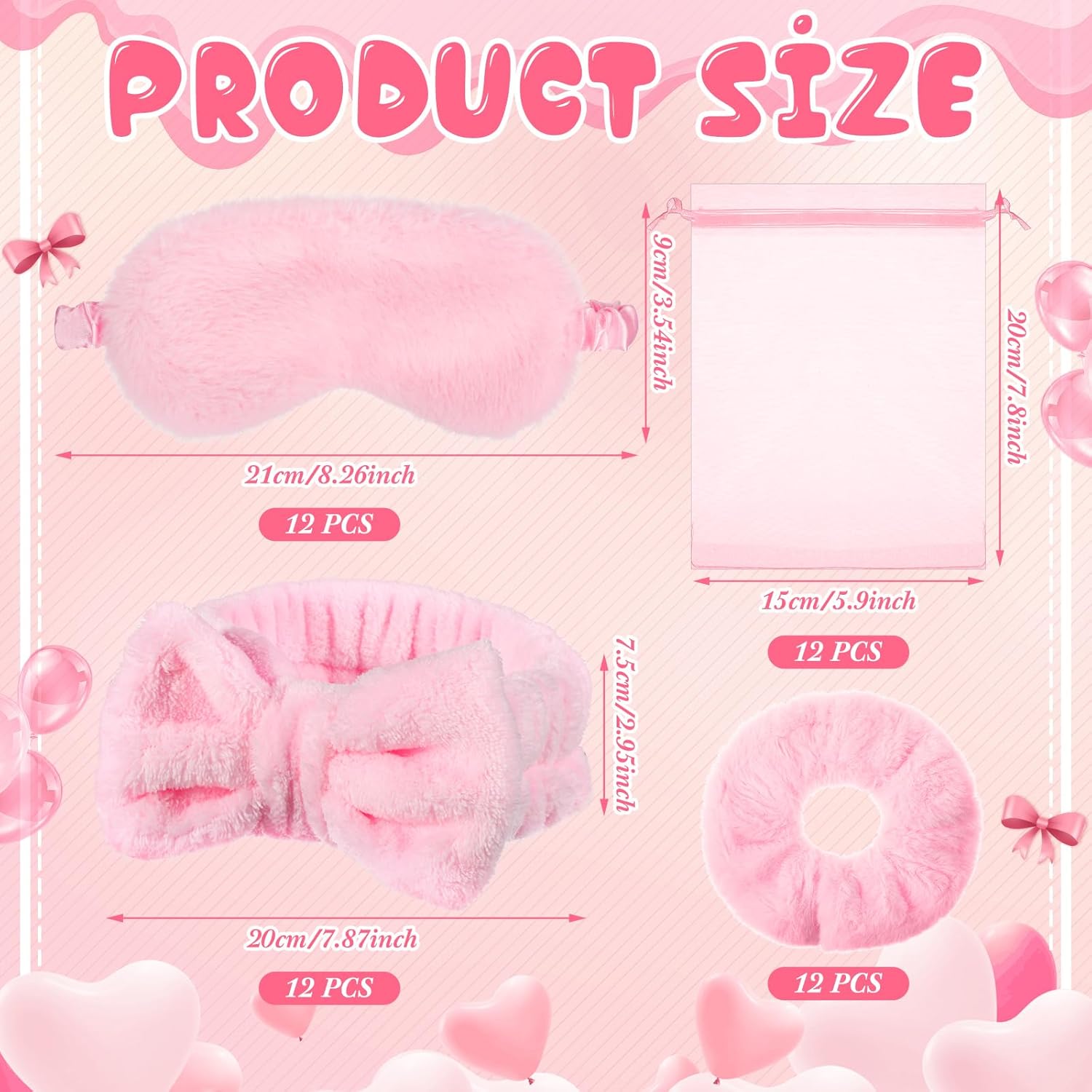 60 Pcs Spa Party Supplies Bulk Include 12 Bow Hairbands 12 Sleep Eye Mask 12 Hair Scrunchies 12 Glitter Cups 12 Organza Bag for Women Sleepover Slumber Spa Party Favor(Pink)