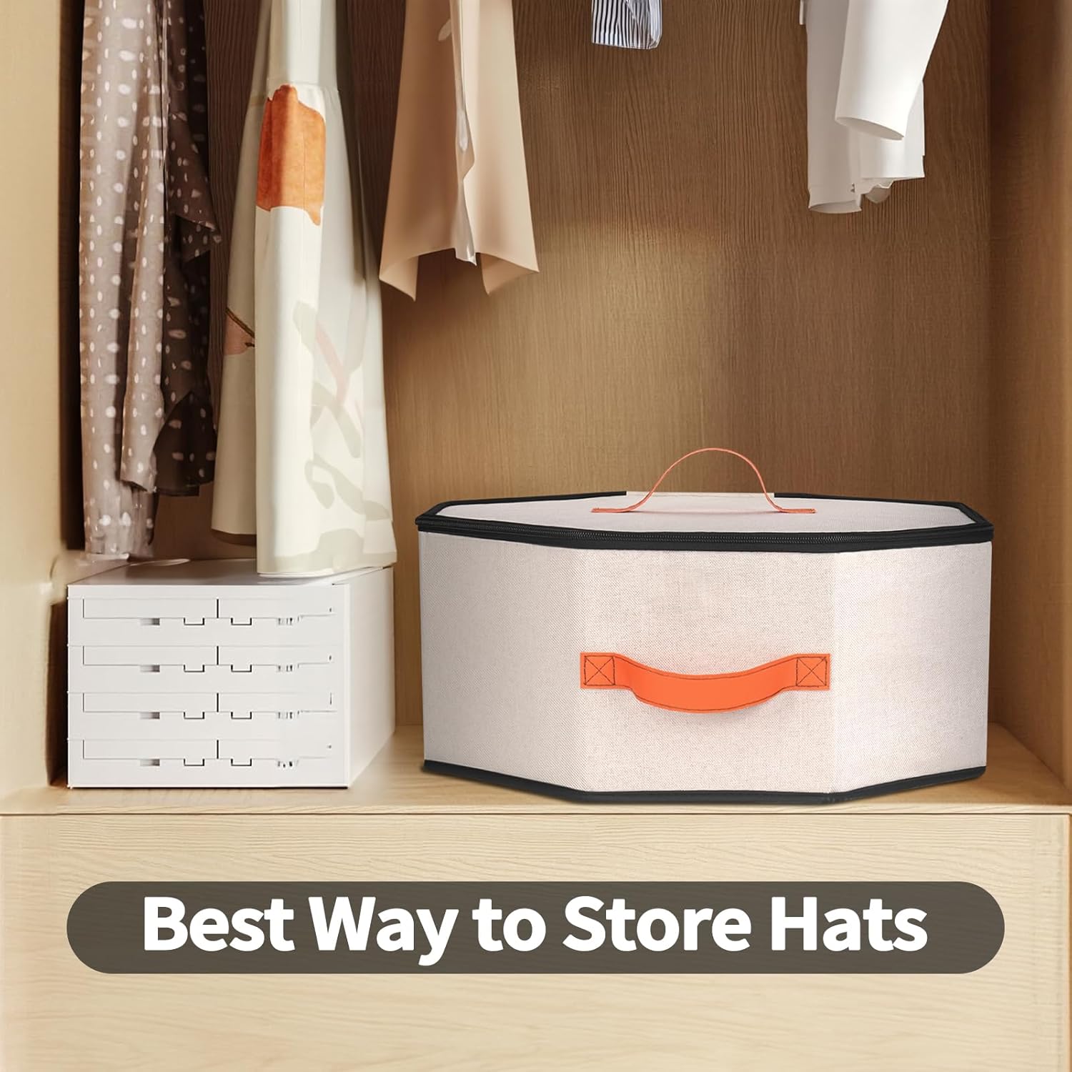 Hat Storage Box for Women & Men, Hardboard Support Hat Boxes with 1 Door Hook Hat Organizer, Cowboy Hat Box for Travel, Hat Bag Hat Case (Beige)