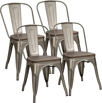 Furniwell Metal Dining Chairs with Wood Seat, Indoor Outdoor Use Stackable Tolix Industrial Metal Chairs Set of 4 for Kitchen, Dining Room, Bistro and Cafe Gun