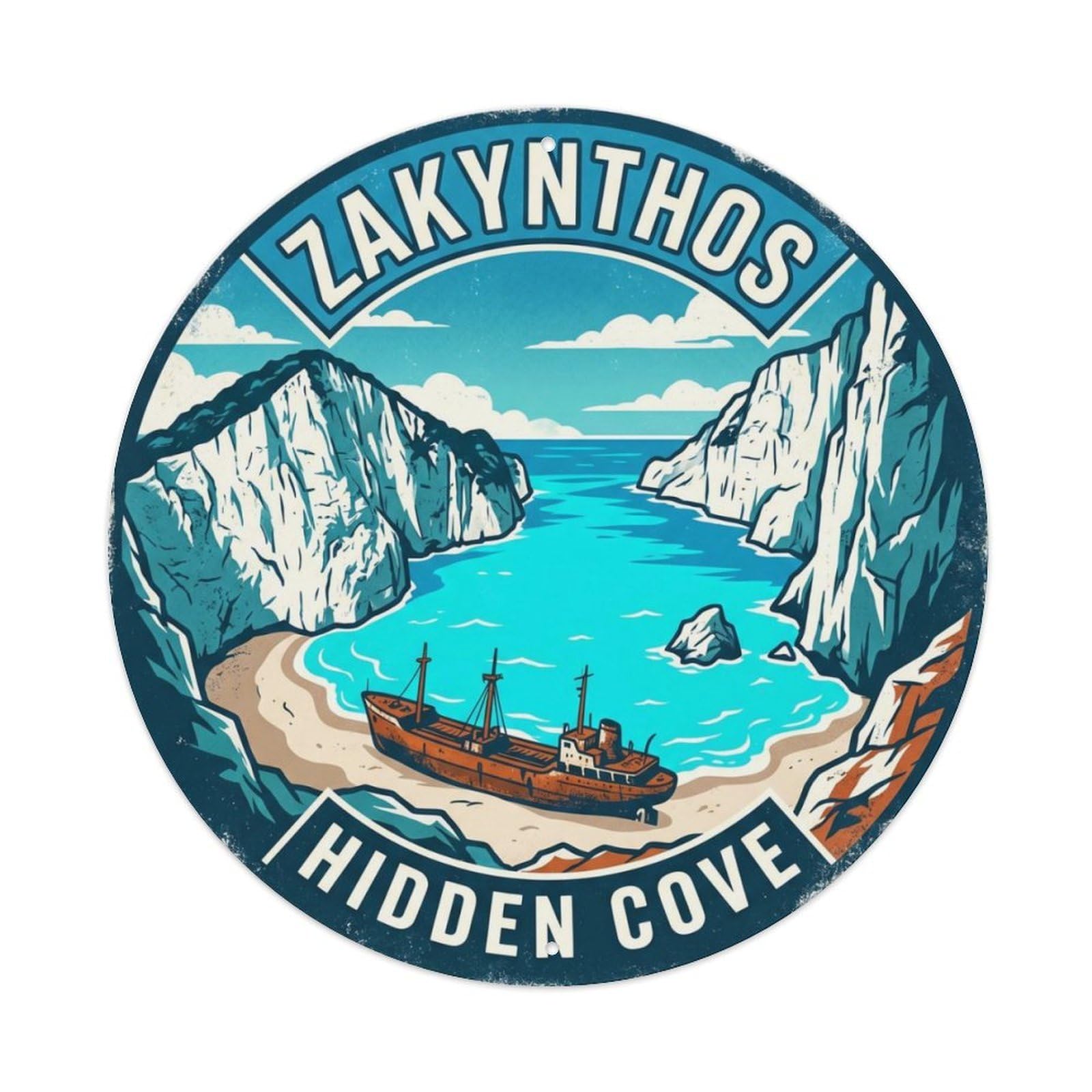 Vintage Travel Zakynthos Shipwreck Bay Metal Tin Sign Plaque Wall Decor for Cafe, Club Bar, Office, Home Garden Round Metal Poster 8x8Inch