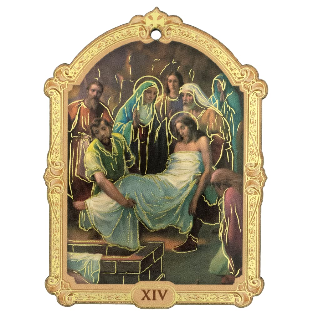 Placas de estaciones de la cruz | 9,5 cm de alto | Decoración y devocional de Lenton | Aulas cristianas católicas, hogar e iglesia | Incluye 16 placas que representan la crucifixión y resurrección de