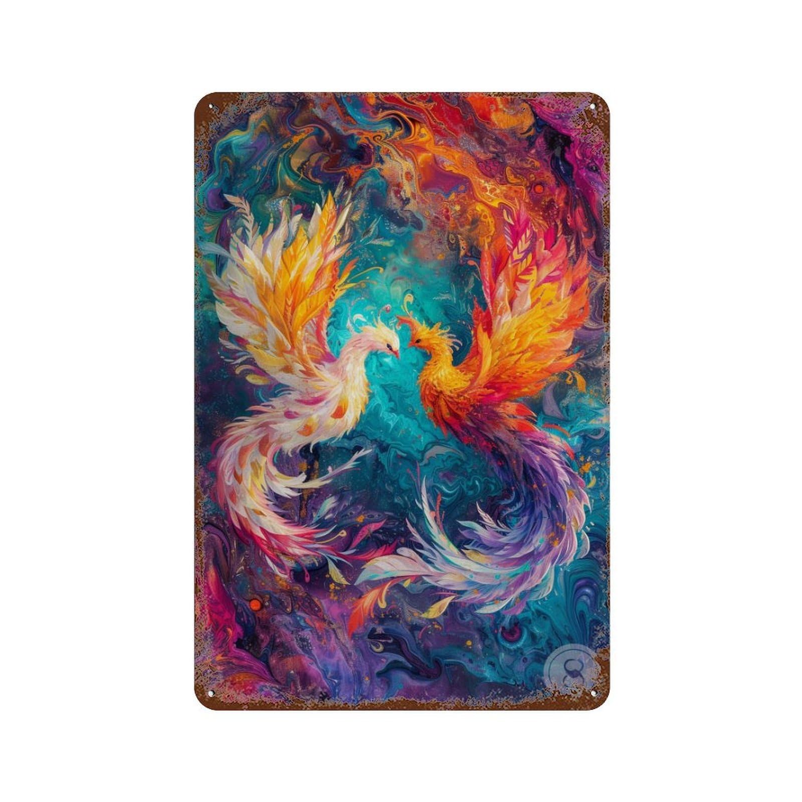 Colorful Phoenix Artwork Weathered Tin Sign 11.8"x7.9", Rustic Home Decor for Garage, Bar And Workshop Decor