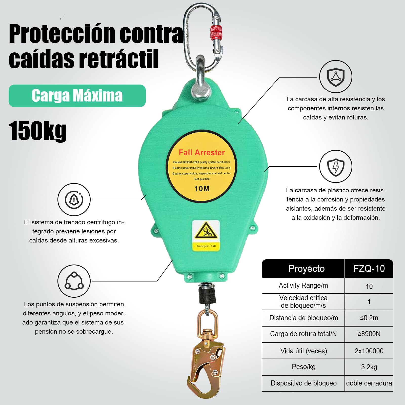 Dispositivo Anticaídas Retráctil, Dispositivo de Seguridad en Altura 10 M | 360°Gancho de Seguridad Industrial, Ideal Para Construcción, Mantenimiento y Arnés Escalada