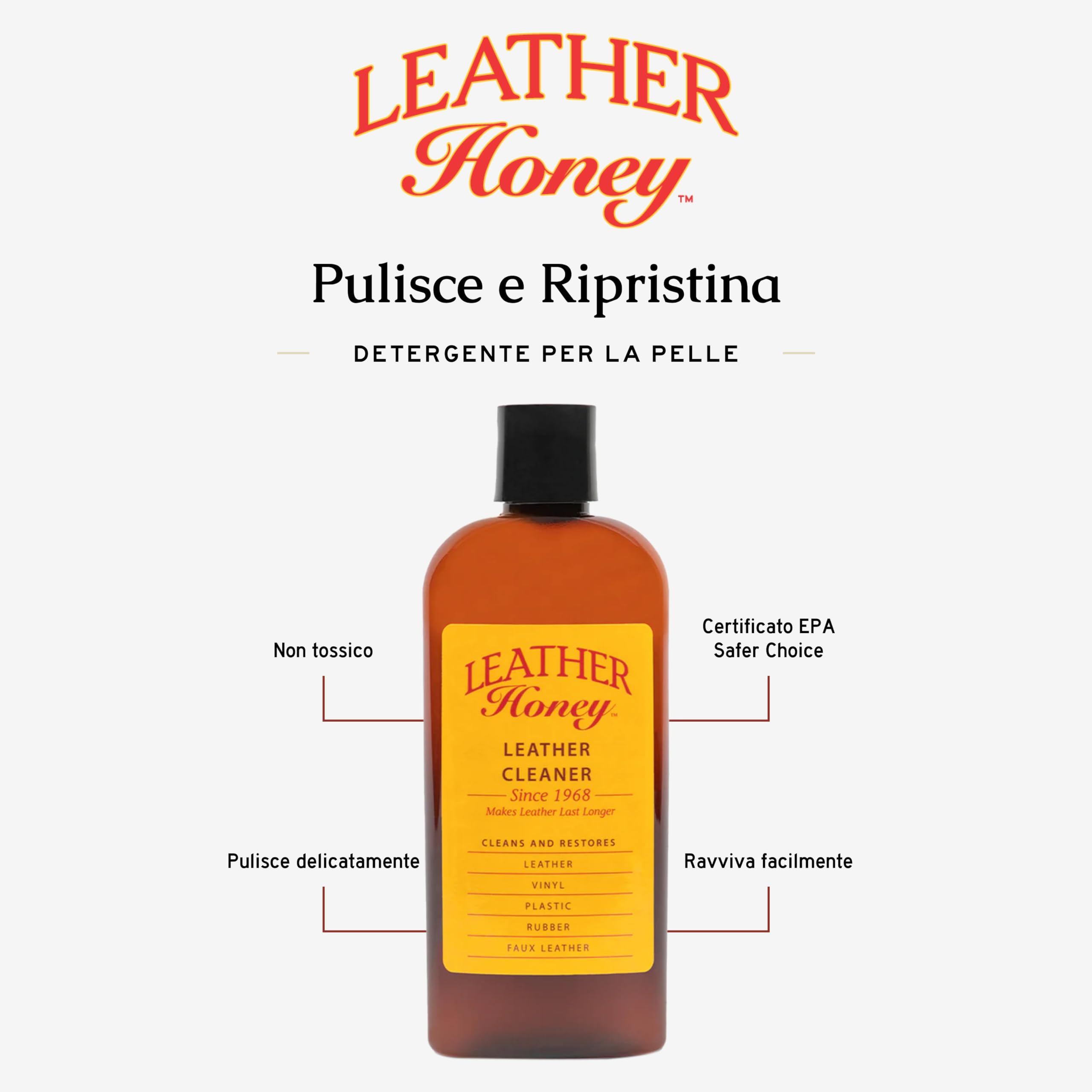 LEATHER Honey Detergente Pelle, Pulitore di qualità Superiore per Abbigliamento, Mobili, Interni Auto, Scarpe e Accessori in Pelle e Vinile, Non Serve Diluire, Pronto all'Uso, Flacone 236 ml