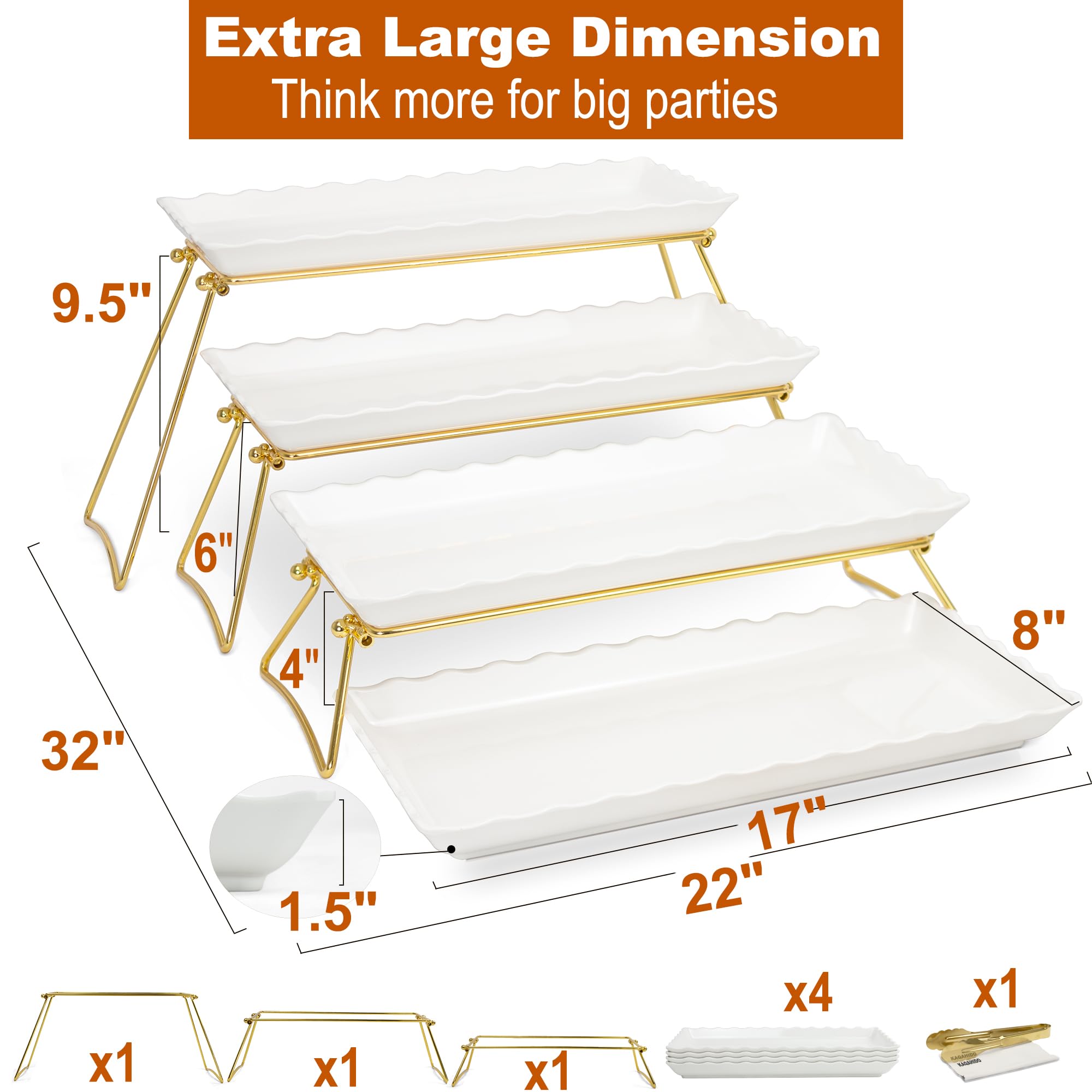 KAQAHIDO Juego de bandejas de servir extra grandes de 4 niveles, 86.3 x 55.88 x 25.4 cm, juego de mesa de postre de melamina con borde ondulado, soporte de bandeja escalonada para entretenimiento de