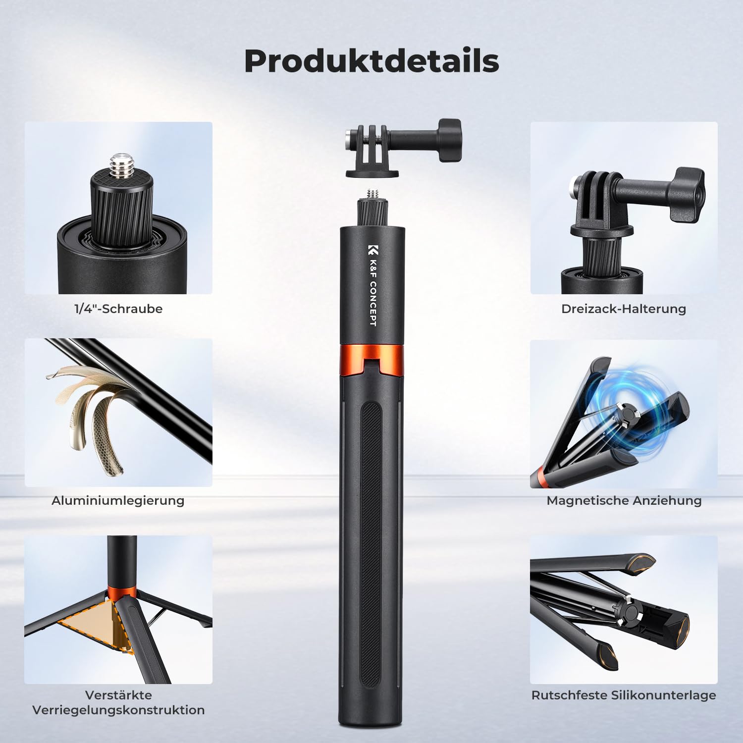 K&F CONCEPT 168 cm Selfie-Stick für Actionkamera, 2-in-1 Selfie Stick Stativ, Unsichtbarer Selfiestick für Insta360 X5/X4/X4 Air/Ace Pro, Insta360 Luna Ultra, Osmo Pocket 4/3, Osmo Action 5 Pro/6/4