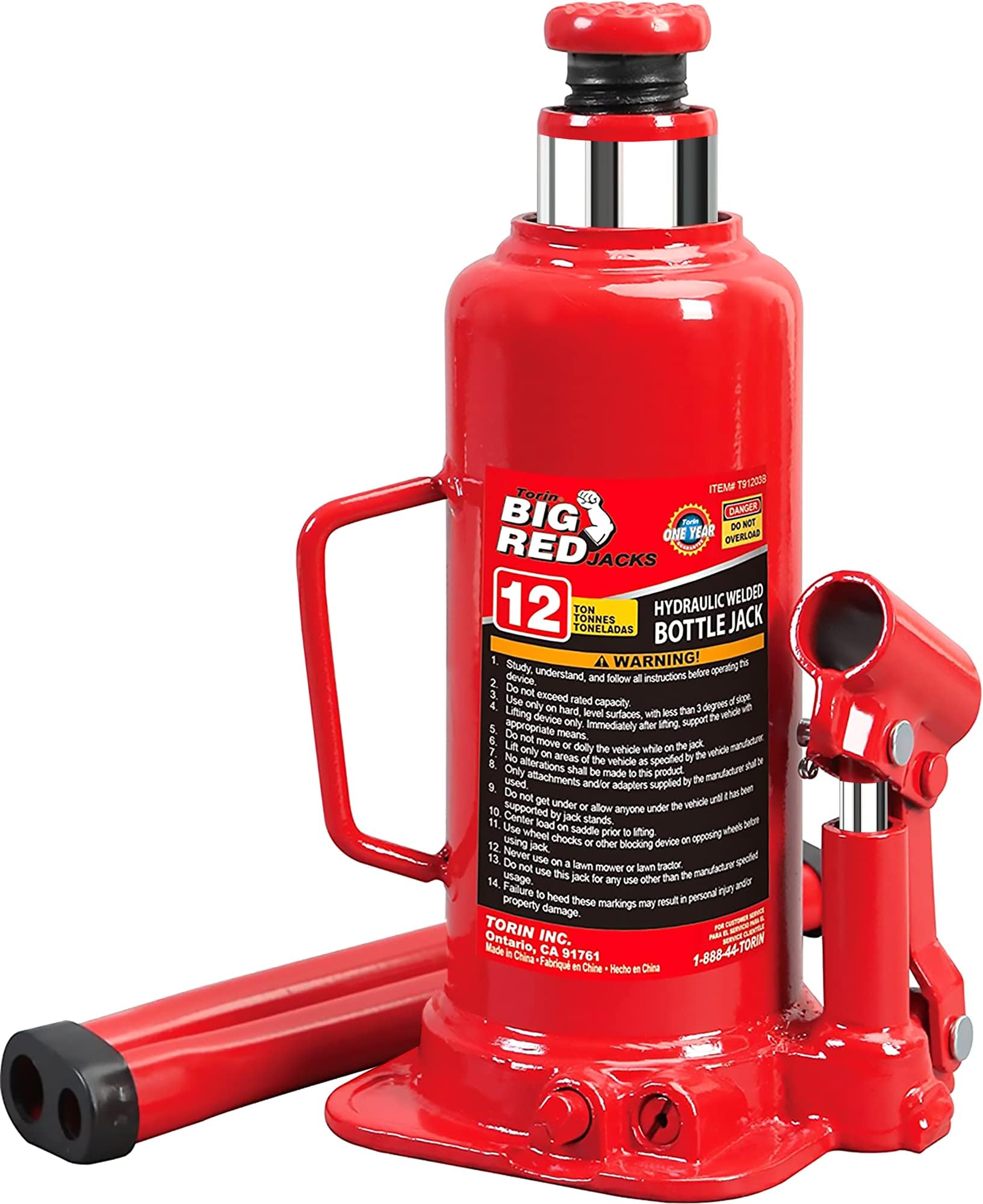 T91203B Torin Hydraulic Welded Bottle Jack, 12 Ton (24,000 lb) Capacity, Red