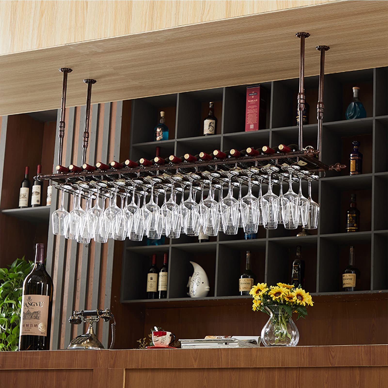 Soporte para copas de vino negro para colgar botellas de vino para el hogar, bar, restaurante, moderno estante de almacenamiento de copas de techo, marco decorativo