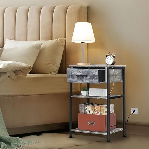 Miniatura 6 de melos Mesitas de noche con estación de carga, mesa auxiliar de cama con cajón de tela de 3 niveles, mesas auxiliares para sala de estar con puertos