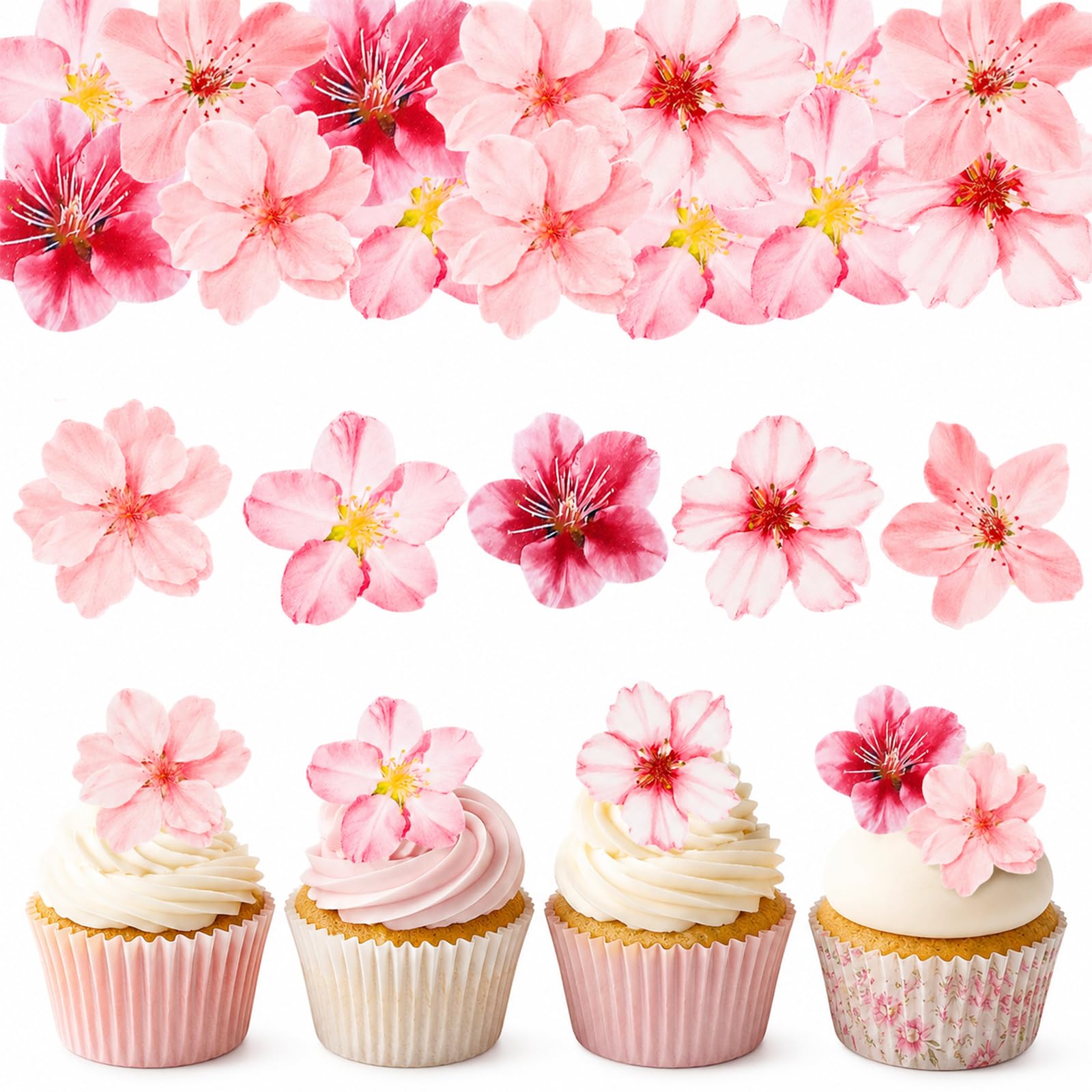ALLAVA 50 Pcs Edible Flowers Cake Decorations Pink Peach Blossom, 4 cm Wafer Paper Flower Cupcake Toppers, Cupcake Decorations Edible Flowers for Cakes Birthday Wedding Baby Shower Party Desserts — image 1