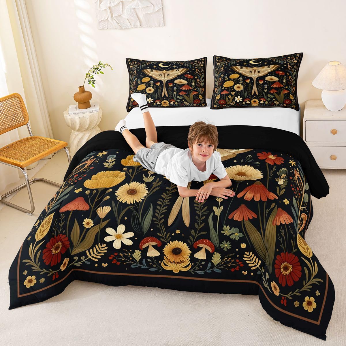 Homemissing Kołdra Moth King Size Sun Moon zestaw pościeli dla dzieci chłopców dziewcząt wystrój boho egzotyczny kwiatowy oddychający miękki lekki mikrofibra boho usta sypialnia dekoracja pościel