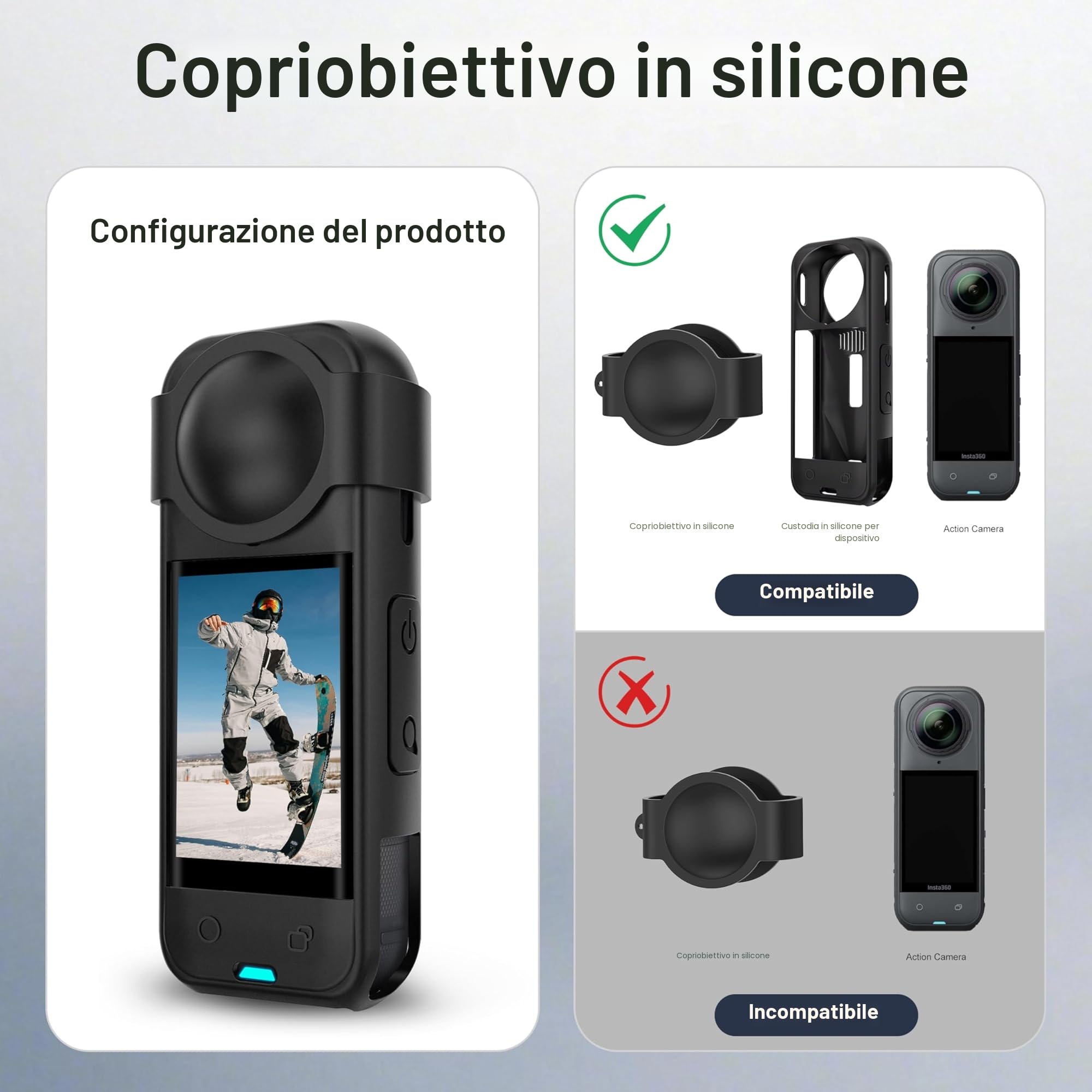FiTSTILL - Set di protezione per Insta 360 X5, pellicola protettiva in vetro temperato e silicone, copriobiettivo e base di supporto in silicone