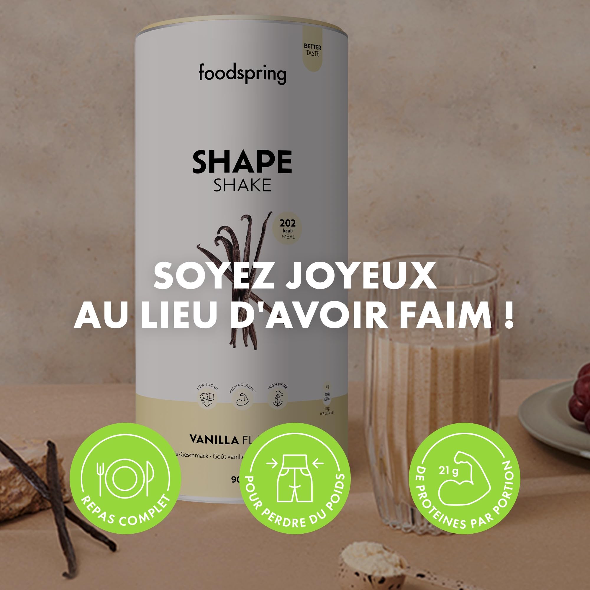 foodspring Shape Shake Vanille - Substitut de repas complet pour le contrôle du poids avec des protéines de qualité supérieure, 202 kcal par portion, sans gluten - nouvelle recette (900g)