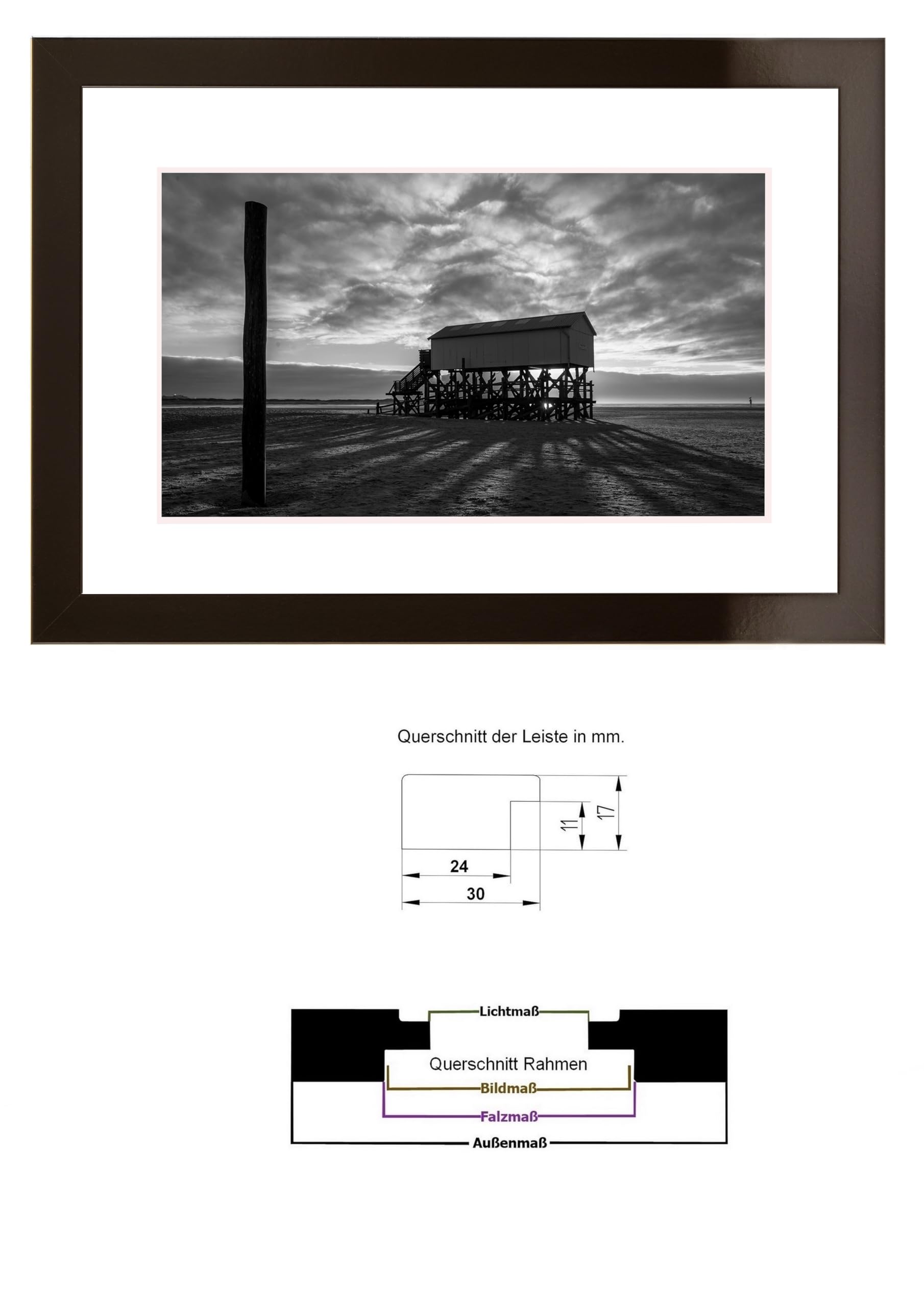 Cadre photo avec passe-partout 50 x 70 cm (image 40 x 60 cm) - Couleur : noir brillant - Baguette de cadre de 30 mm d'épaisseur