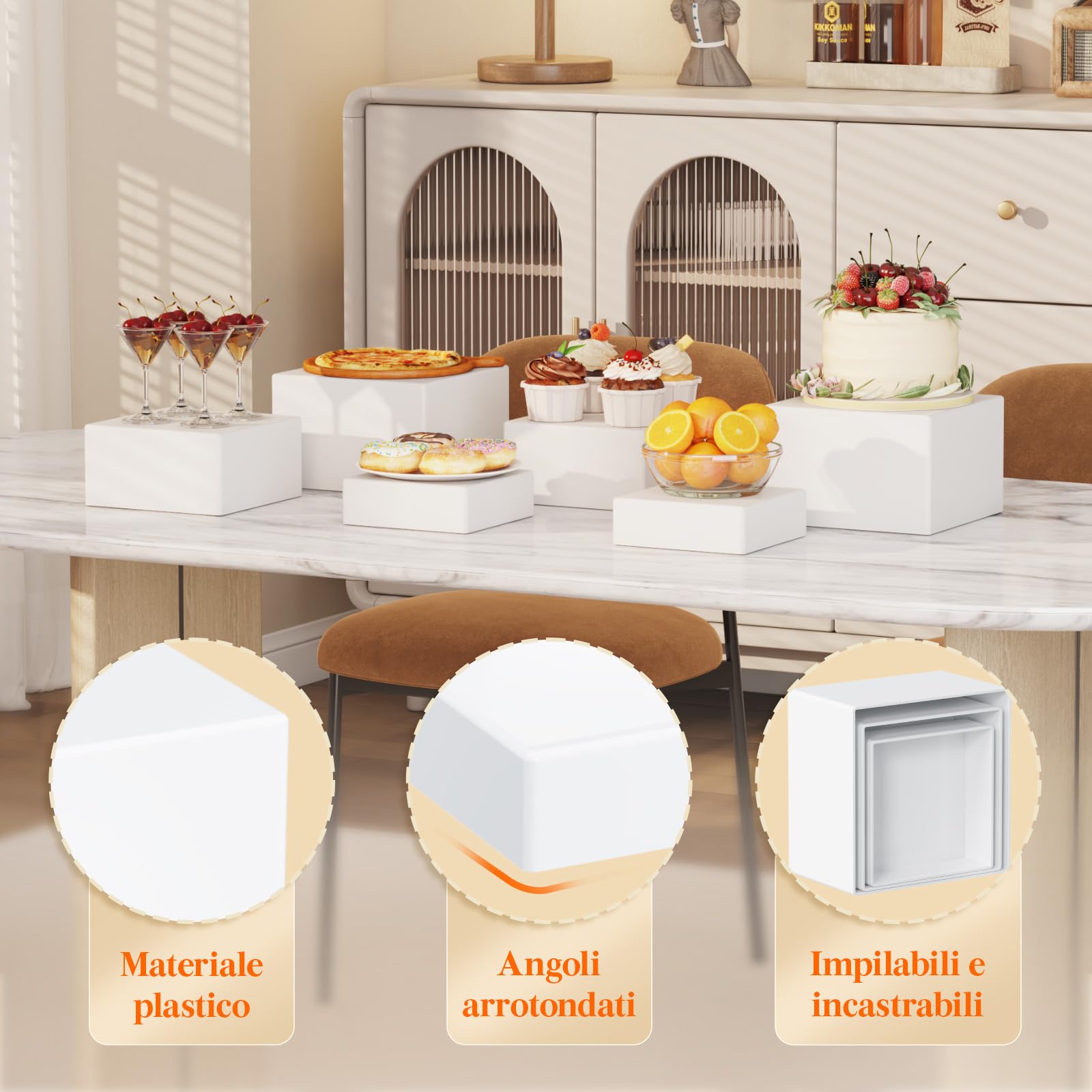 Lifewit Espositore da Buffet per Aperitivo, Supporti in Plastica per Torte, Dessert, Oggetti da Collezione, Gioielli, Supporto Cubico Annidabile, Bianco, Set di 6 (20/18/15 cm)