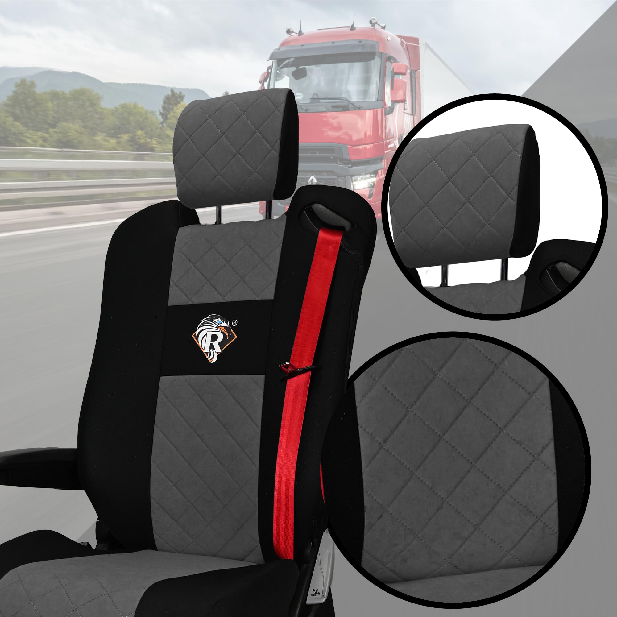 SABA Funda de Asiento para Renault Serie T Desde 2014, Asiento del Conductor con reposacabezas, Asiento del Pasajero, 2 Cinturones de Seguridad Gris Accesorios de protección para Asientos de Camiones