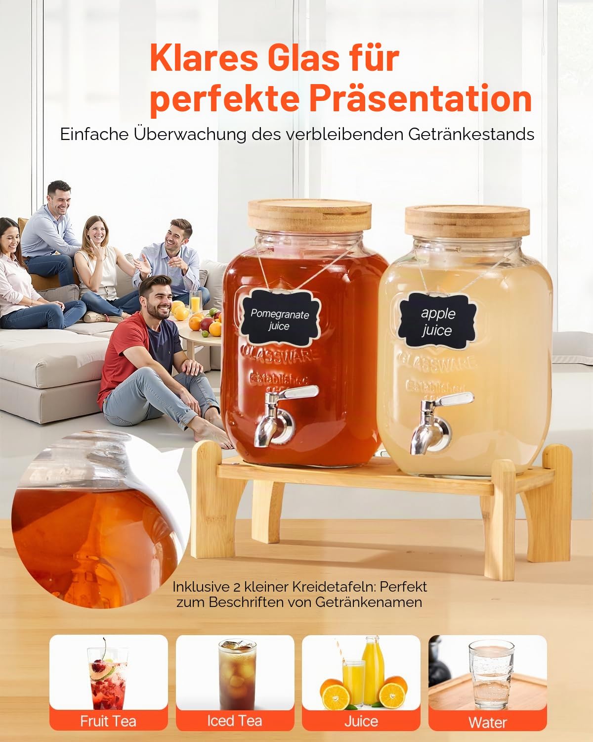 VEVOR Getränkespender (2 x 3,8 L) für Partys Saftspender (aus Glas) mit tropfsicherem Zapfhahn & Holzständer Wasserspender für Restaurants Partys, Limonade Eistee selbstgemachte Getränke Spender