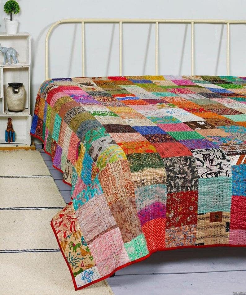 Handycraft India Patchwork Kantha Quilt, Throw Handmade Silk Patola Kantha Bed Cover, Handcrafted Bedding Bedspread,Vintage Hand Stitch Gudri, Multicolor (King 108 x 108)