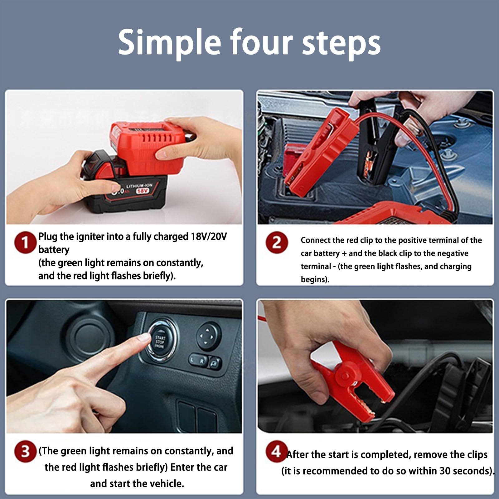 Câble de démarrage avec clip pour batterie 18 V-20 V 10 AWG, câble de démarrage automobile pour démarrage de voiture à l'aide d'outils, adaptateur de charge automobile robuste