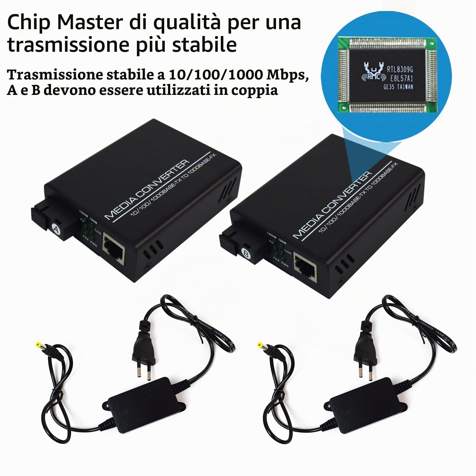 Convertitore multimediale Gigabit Ethernet singlemode SC ricetrasmettitore in fibra ottica 10/100/1000M RJ45 con due adattatori europei, confezione da 2