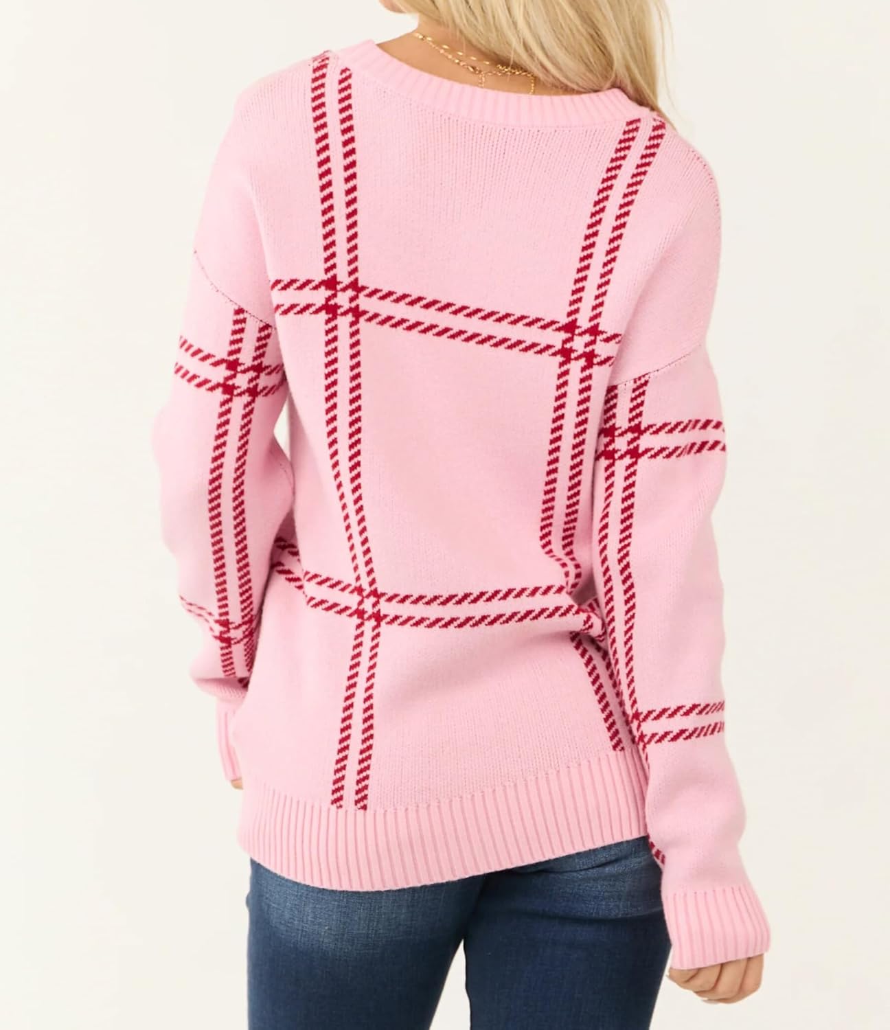 Women's Casual Long Sleeve Knit Sweater Trendy Tops Winter Fall Winter Crew Neck Pink Plaid Pattern - Image 2