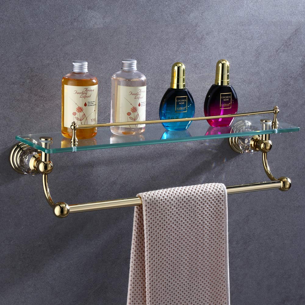 Brass Antique Gold Cosmetic Shelf with Towel Holder Crystal Luxury Bathroom Glass Holder with Towel Bar,OSI51
